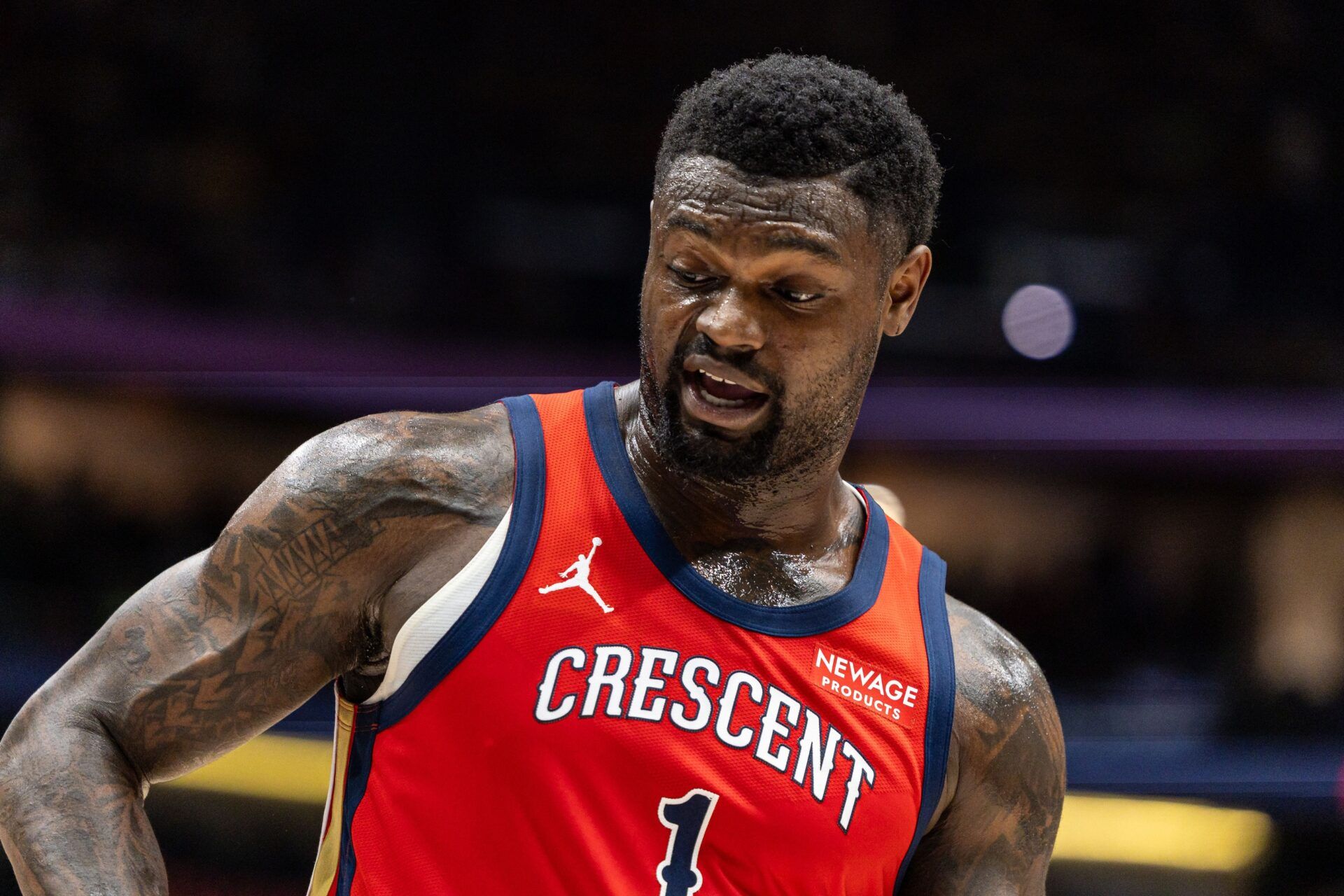New Orleans Pelicans forward Zion Williamson (1) looks on against the Portland Trail Blazers during the first half at Smoothie King Center.