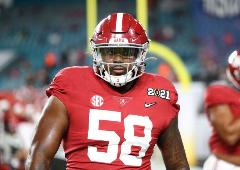Alabama Crimson Tide defensive lineman Christian Barmore (58) against the Ohio State Buckeyes in the 2021 College Football Playoff National Championship Game.