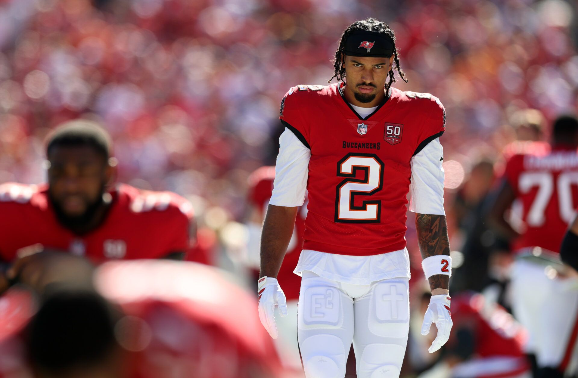 Tampa Bay Buccaneers wide receiver Emeka Egbuka (2) before a game against the Arizona Cardinals at Raymond James Stadium.
