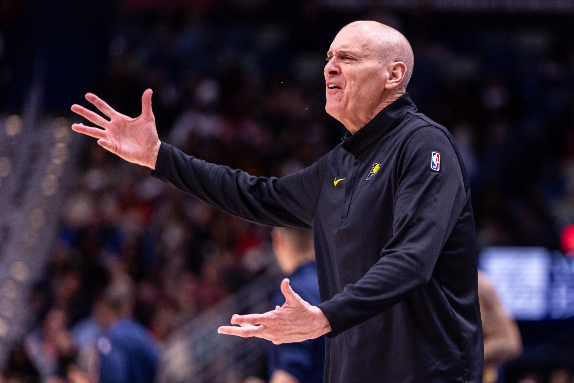 Indiana Pacers Head Coach Rick Carlisle reacts to a play against the New Orleans Pelicans during the second half at Smoothie King Center.