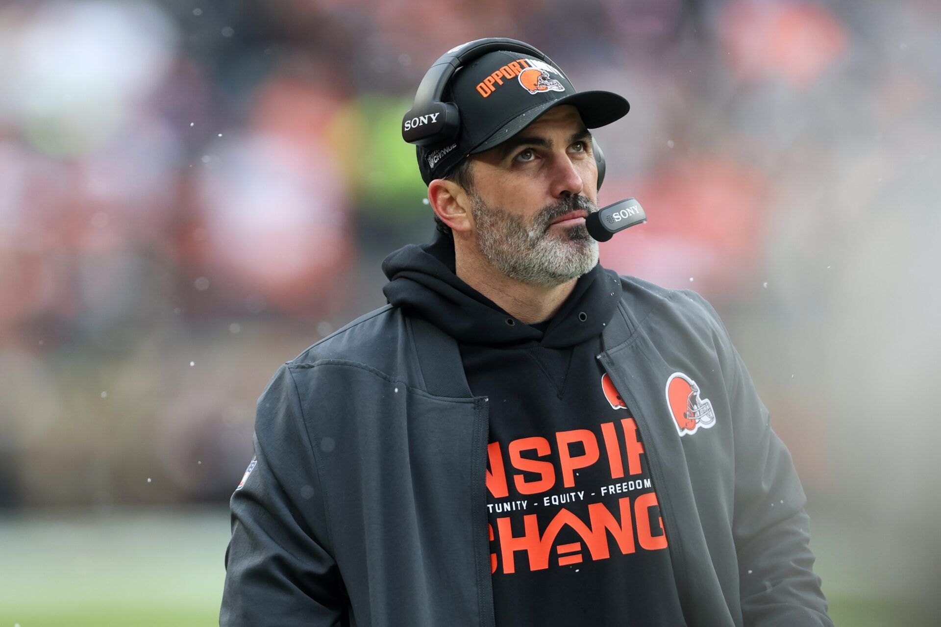 Cleveland Browns head coach Kevin Stefanski looks on against the Tennessee Titans during the first quarter at Huntington Bank Field.