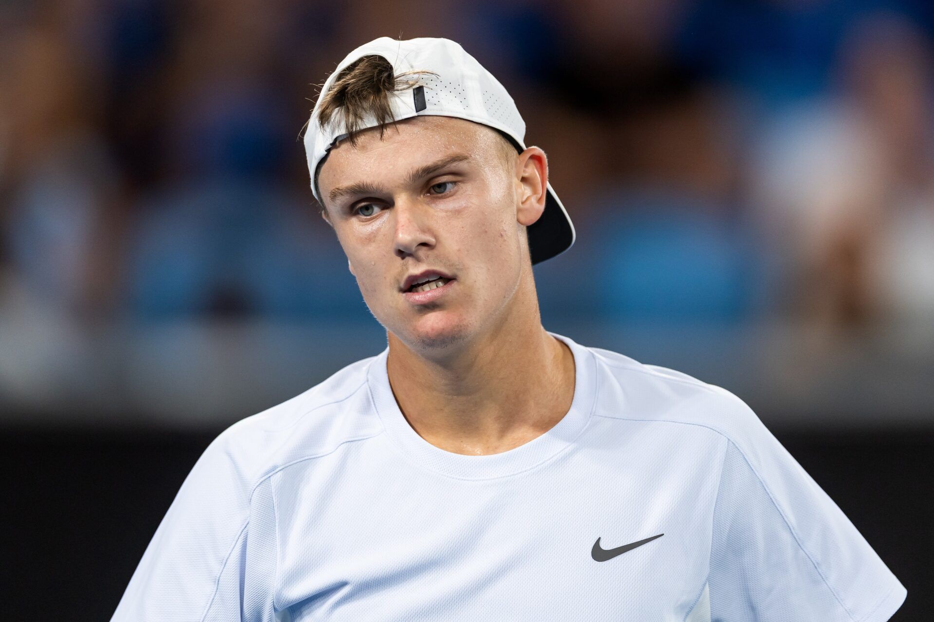 Holger Rune of Denmark gestures during his match against Miomir Kecmanovic of Serbia in the third round of the men's singles at the 2025 Australian Open at Melbourne Park.