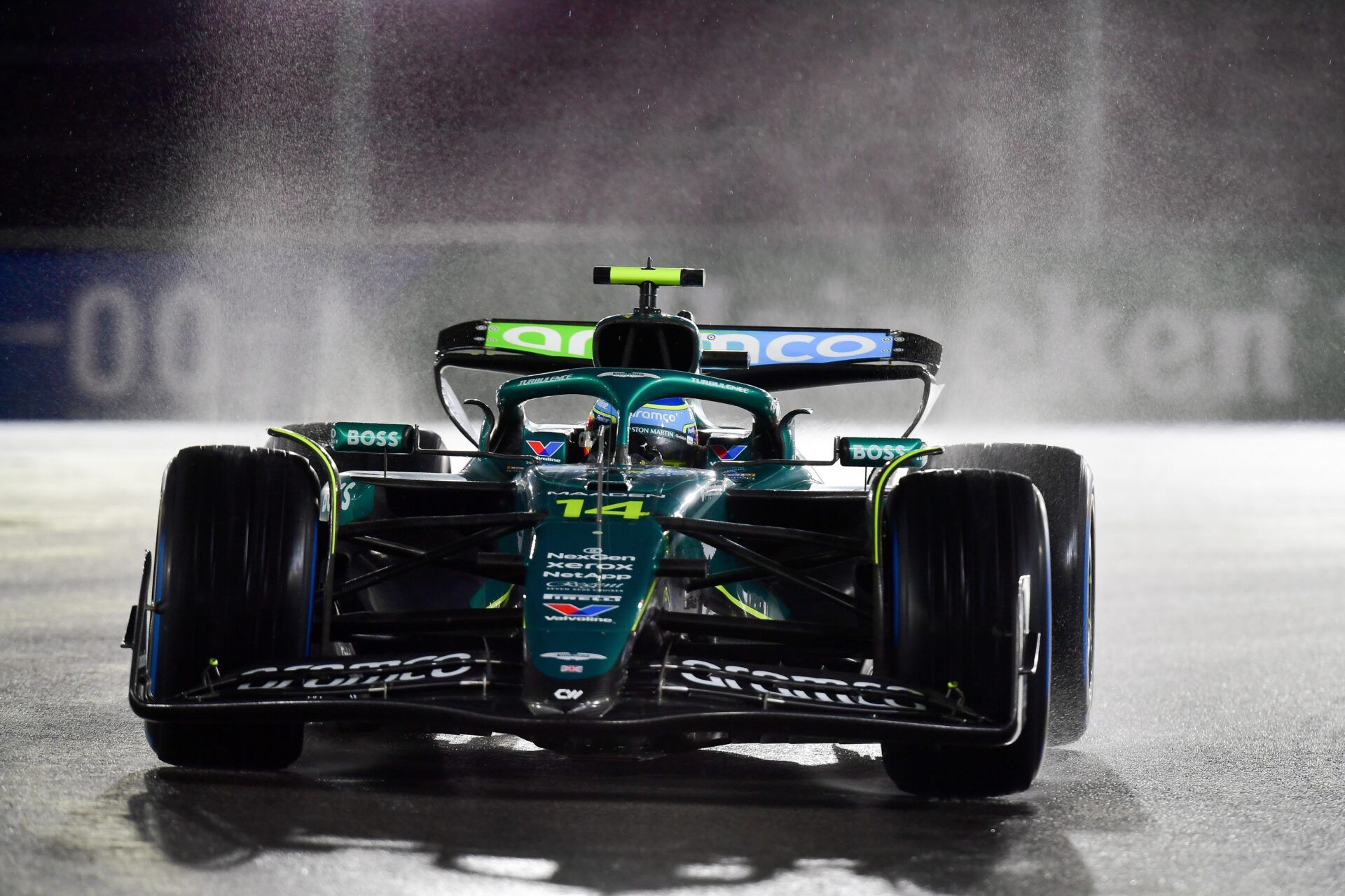 Aston Martin Racing driver Fernando Alonso (14) during qualifying for the Las Vegas Grand Prix at Las Vegas Strip Circuit.