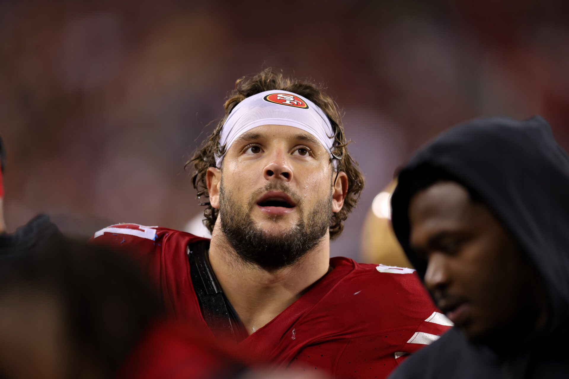 San Francisco 49ers defensive end Nick Bosa (97) looks on during the fourth quarter against the Detroit Lions at Levi's Stadium.