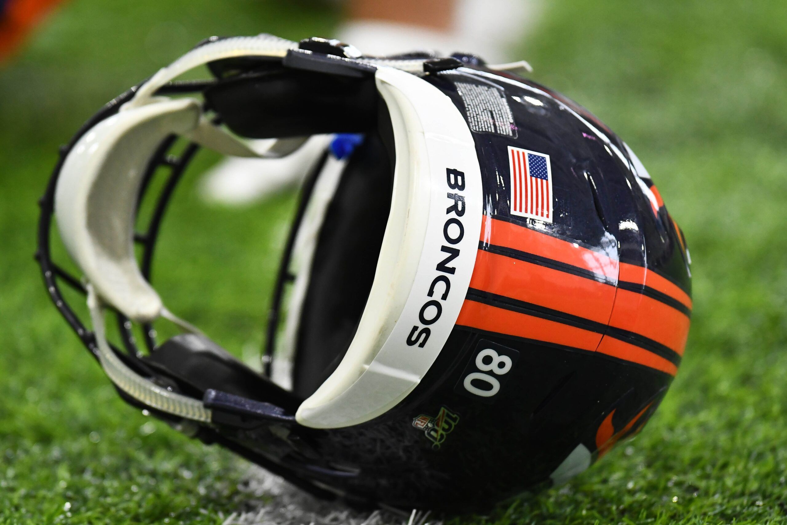 Helmet of Denver Broncos tight end Jake Butt  (not pictured) on the turf during organized team activities at the Pat Bowlen Fieldhouse at UCHealth Training Center.