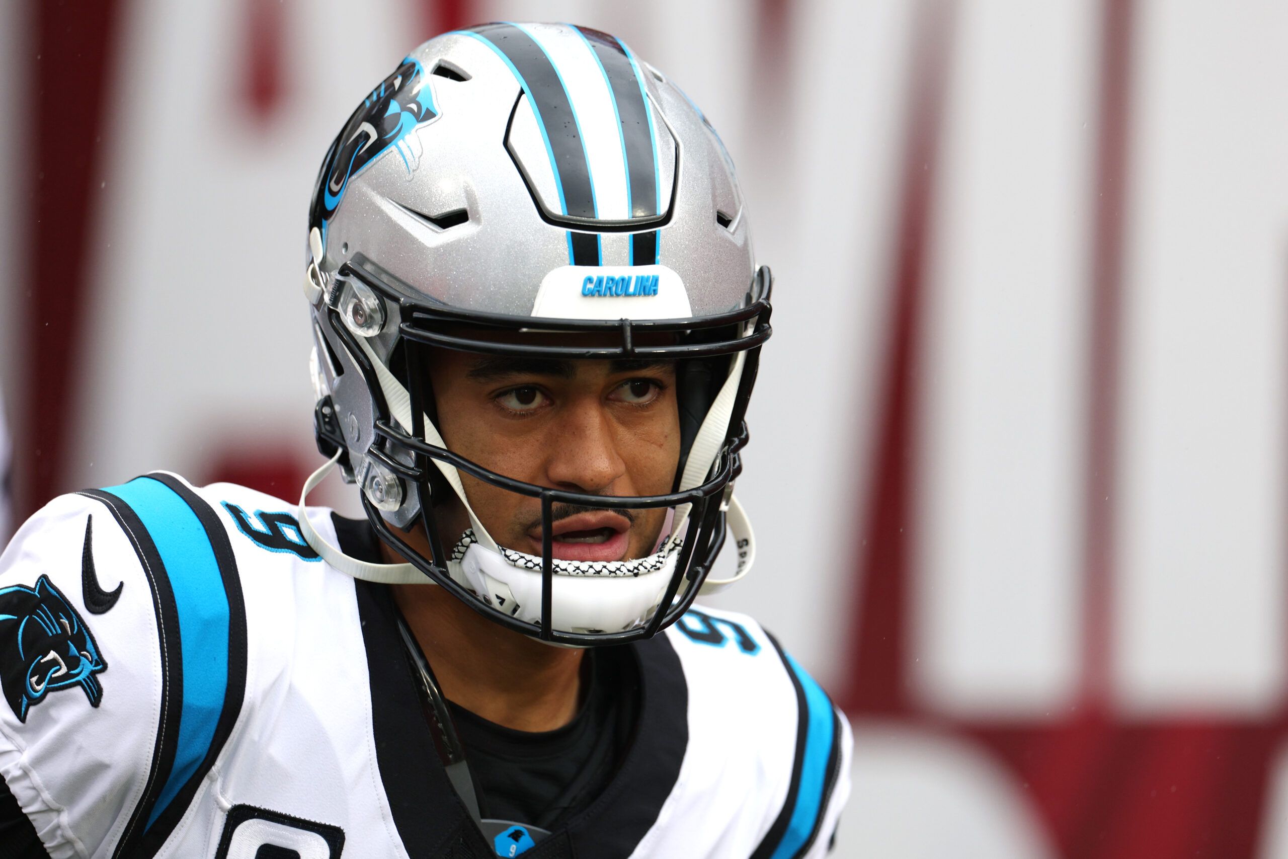 Carolina Panthers quarterback Bryce Young (9) runs on field before the game against the Tampa Bay Buccaneers at Raymond James Stadium.