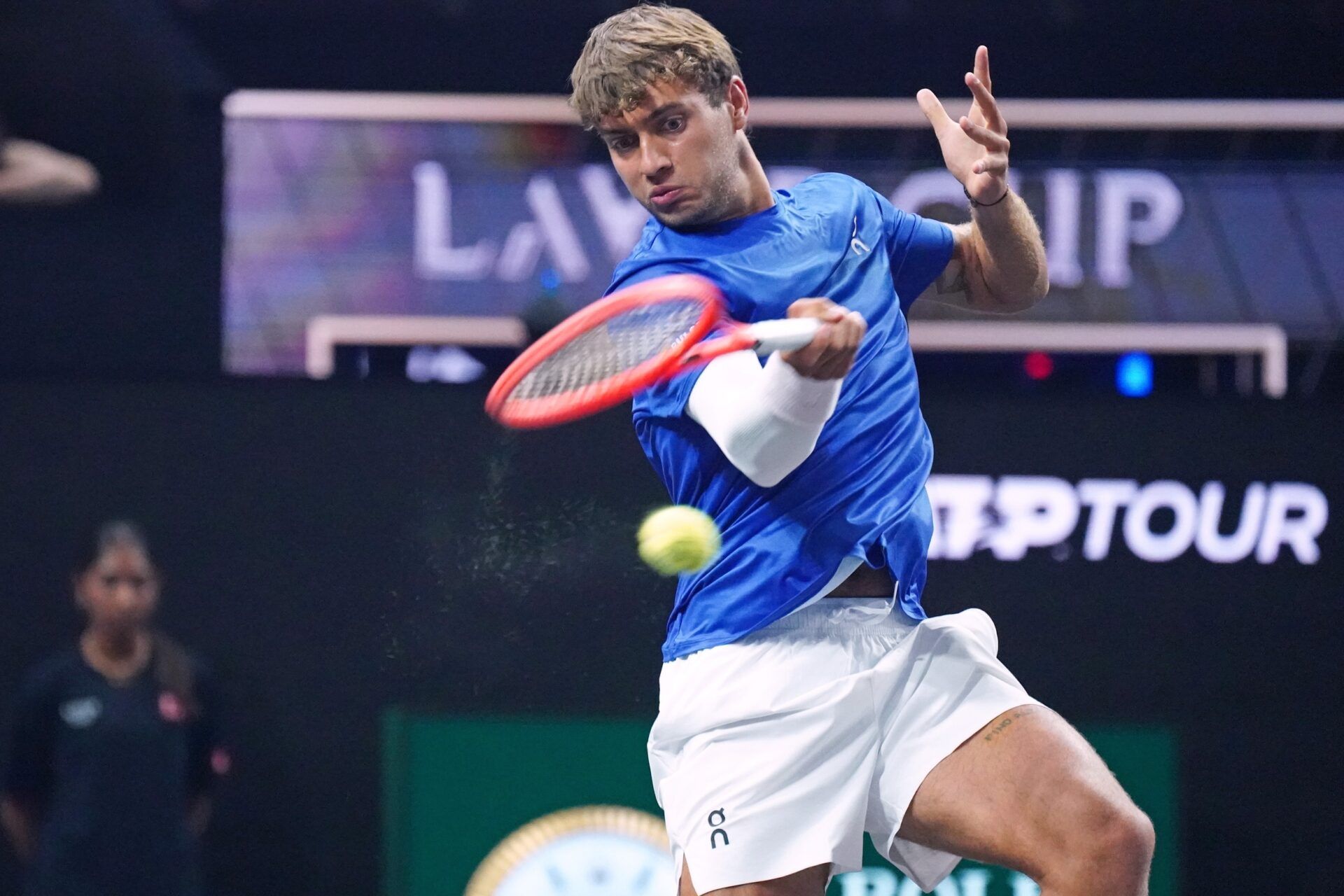 Team Europe player Flavio Cobolli hits a forehand against Team World player Joao Fonseca during match three of the Laver Cup at Chase Center.