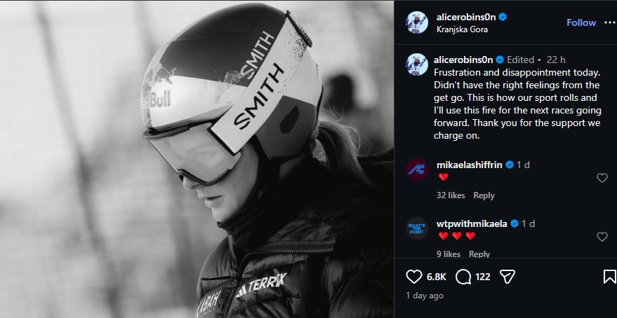 Mikaela Shiffrin consoles Alice Robinson after unfortunate setback