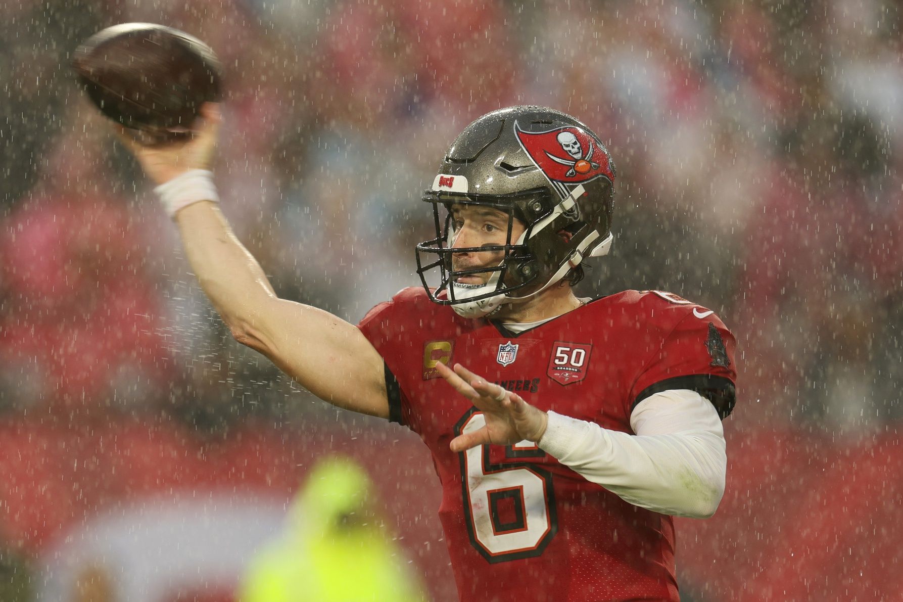 Tampa Bay Buccaneers quarterback Baker Mayfield (6) throws a pass against the Carolina Panthers in the first half at Raymond James Stadium.