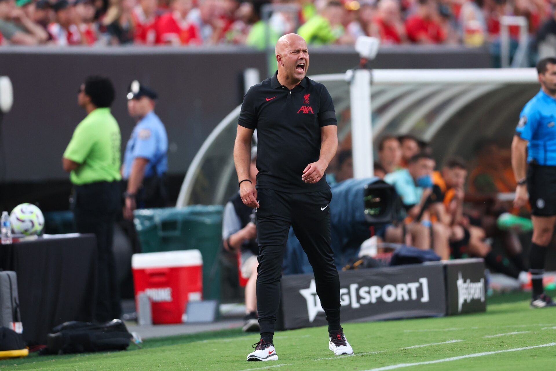 Liverpool manager Arne Slot reacts during the first half against Arsenal at Lincoln Financial Field.