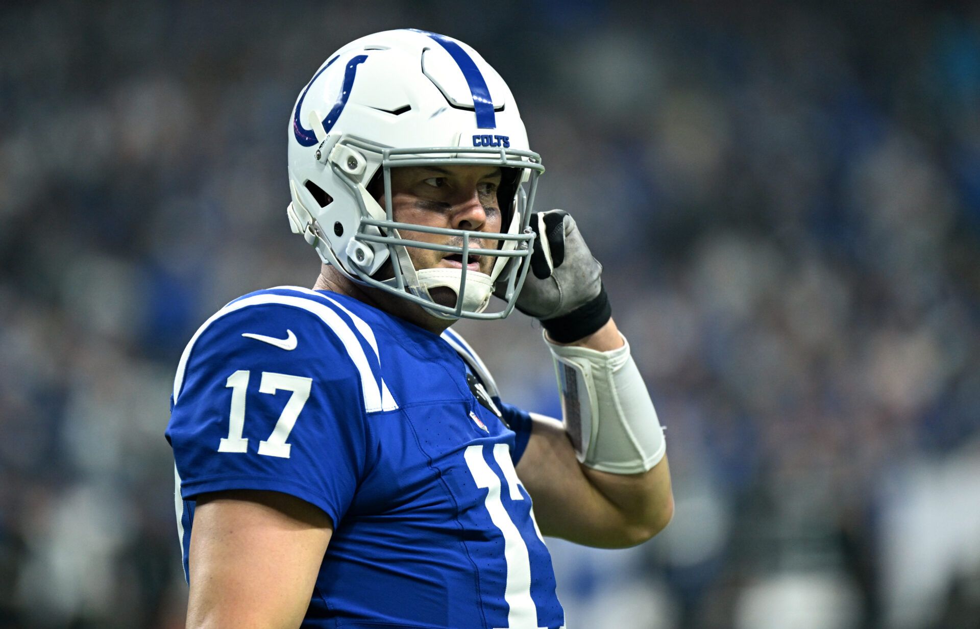 Indianapolis Colts quarterback Philip Rivers (17) reacts after a play during the first half against the Jacksonville Jaguars at Lucas Oil Stadium.