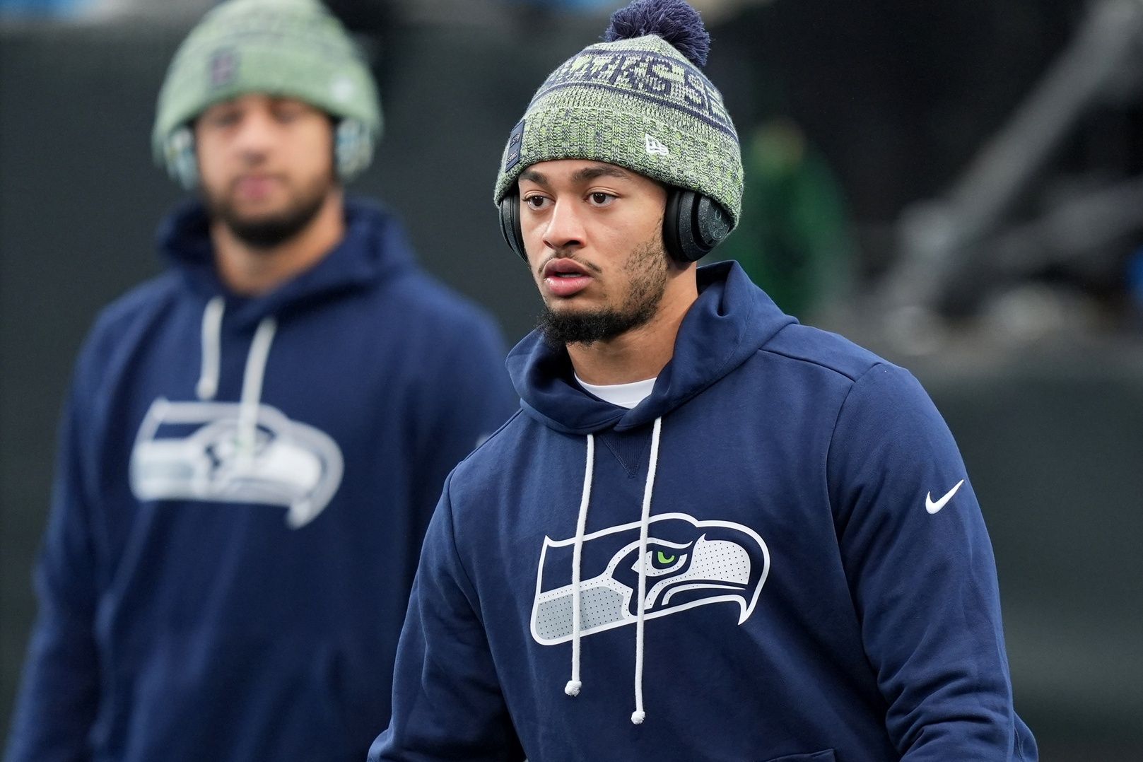 Seattle Seahawks wide receiver Jaxon Smith-Njigba (11) warms up before the game against the Carolina Panthers at Bank of America Stadium.