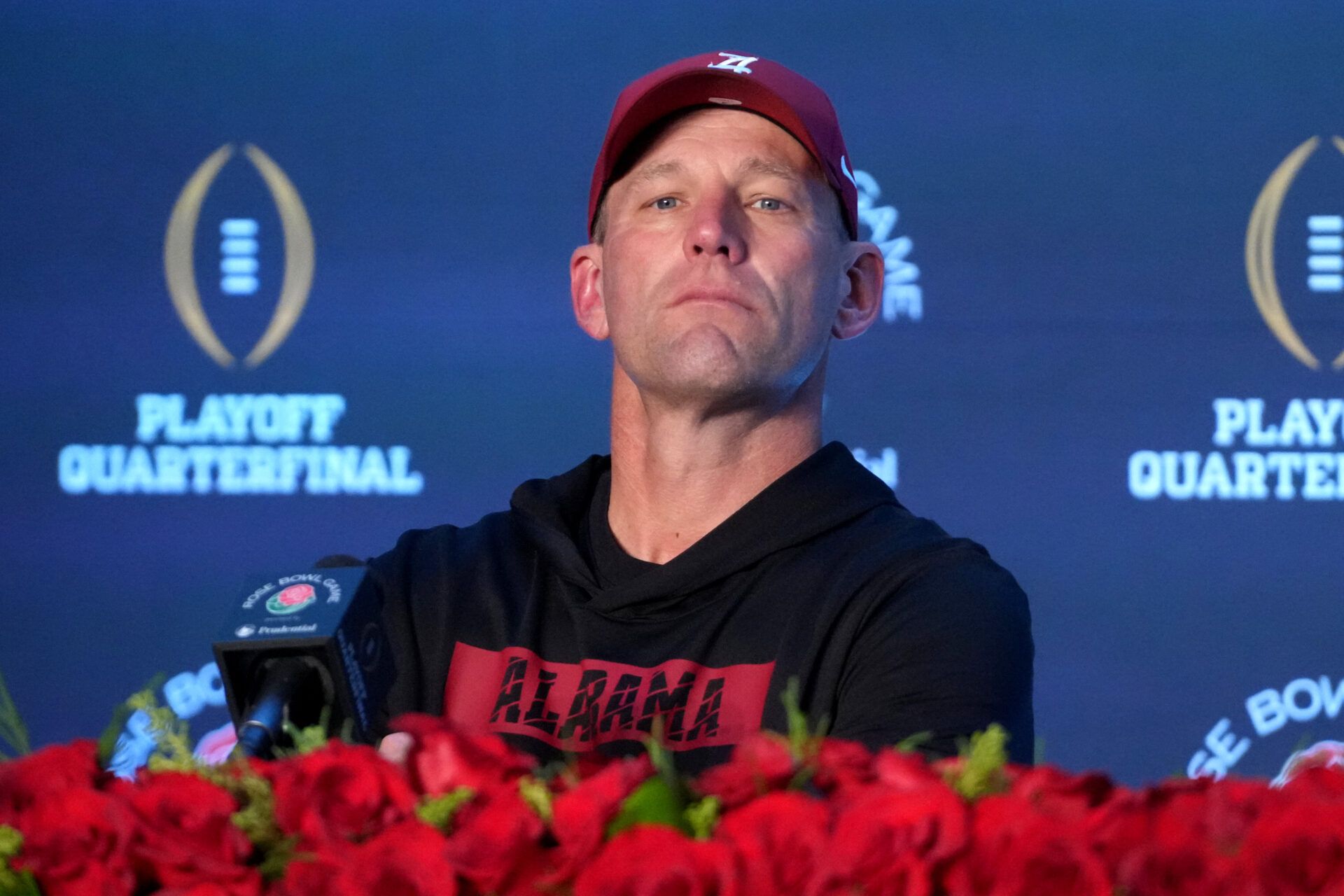 Alabama Crimson Tide head coach Kalen DeBoer speaks in a press conference after the 2026 Rose Bowl and quarterfinal game of the College Football Playoff at Rose Bowl Stadium.