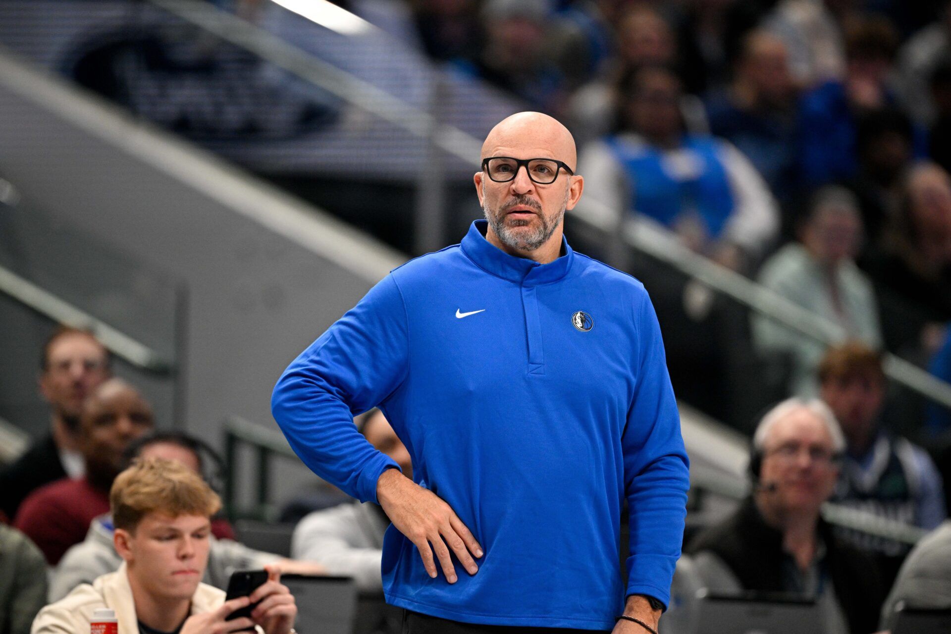 Dallas Mavericks head coach Jason Kidd looks on during the second quarter at the American Airlines Center.