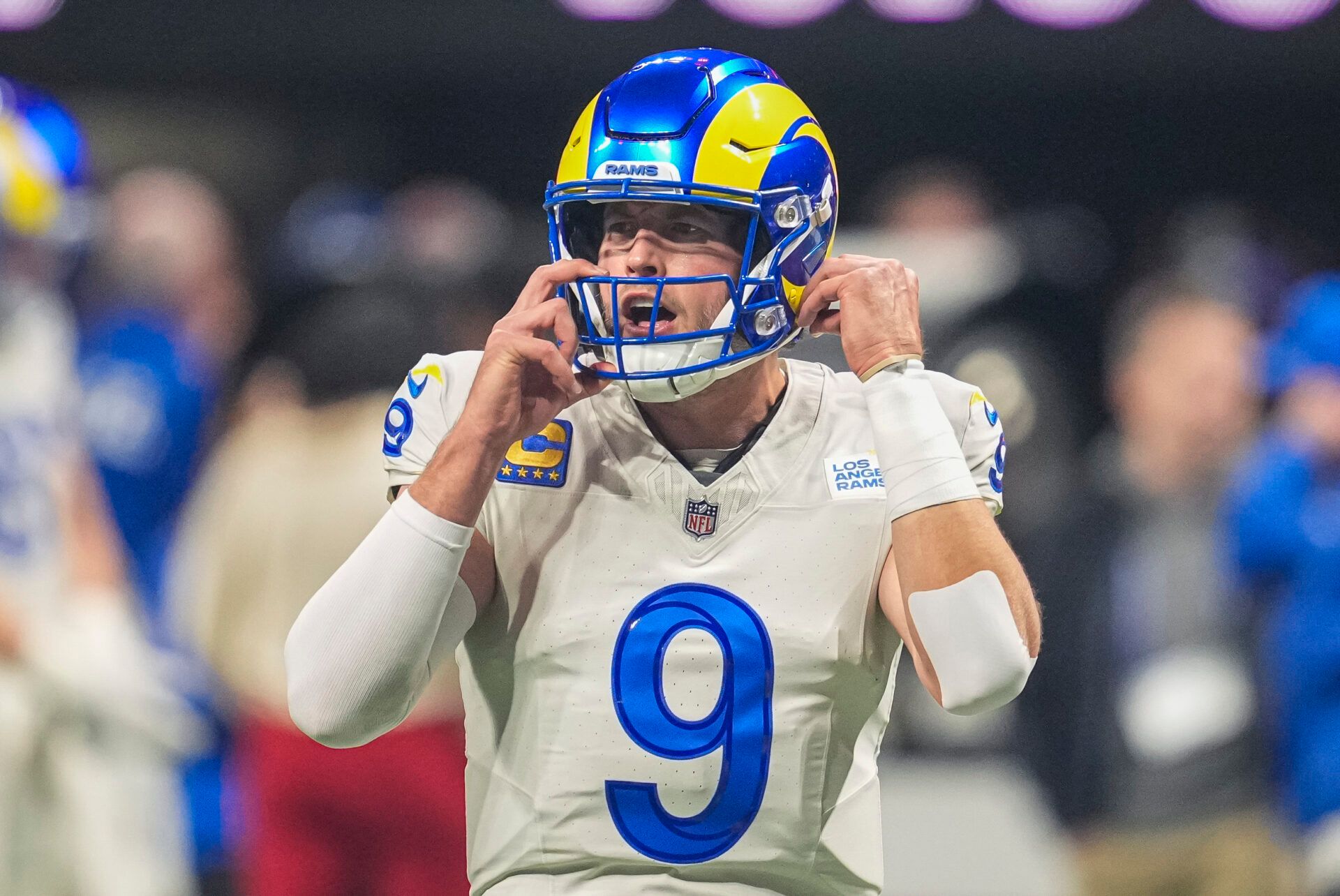 Los Angeles Rams quarterback Matthew Stafford (9) shown on the field prior to the game against the Atlanta Falcons at Mercedes-Benz Stadium.