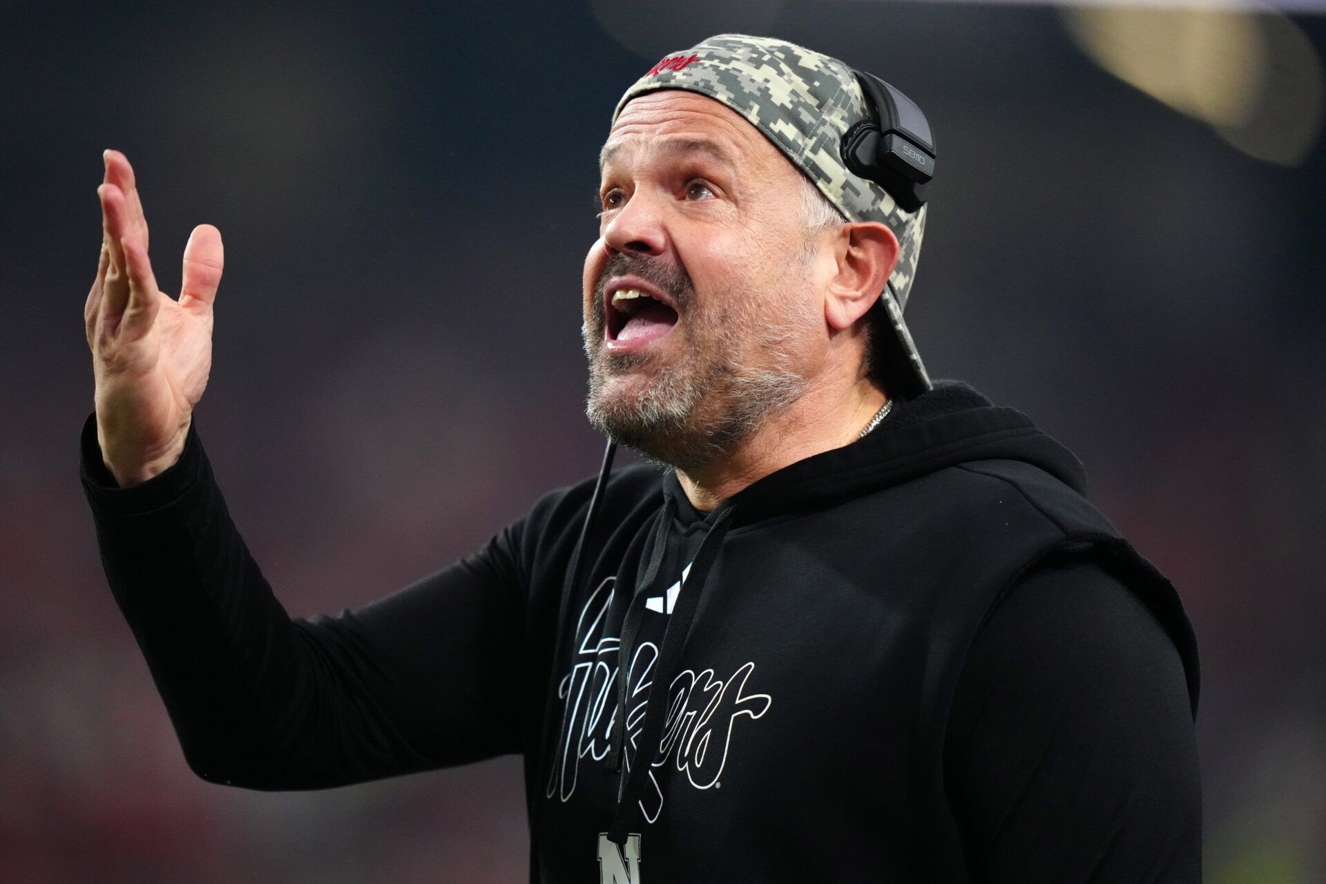 Nebraska Cornhuskers head coach Matt Rhule gestures against the Utah Utes in the second half during the SRS Distribution Las Vegas Bowl at Allegiant Stadium.