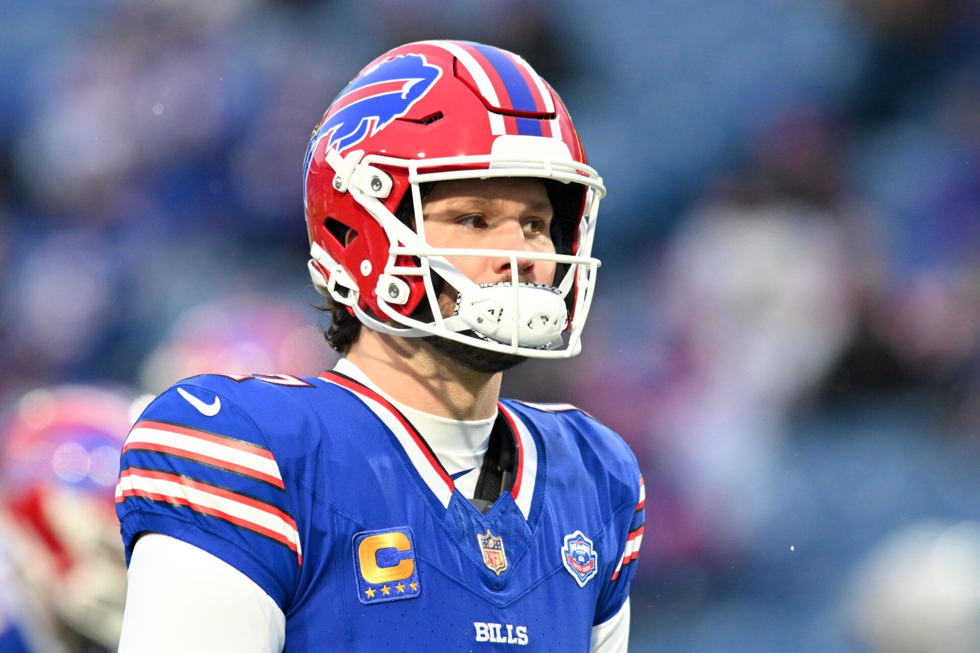 Buffalo Bills quarterback Josh Allen (17) looks on during warmups before the game against the New York Jets at Highmark Stadium.