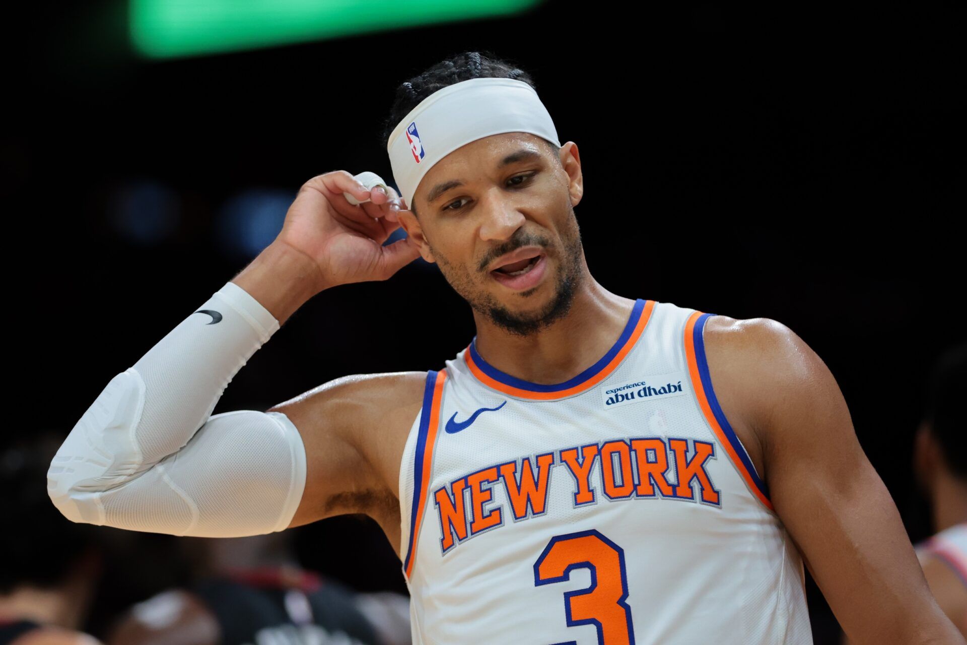 New York Knicks guard Josh Hart (3) reacts against the Miami Heat during the first quarter at Kaseya Center.
