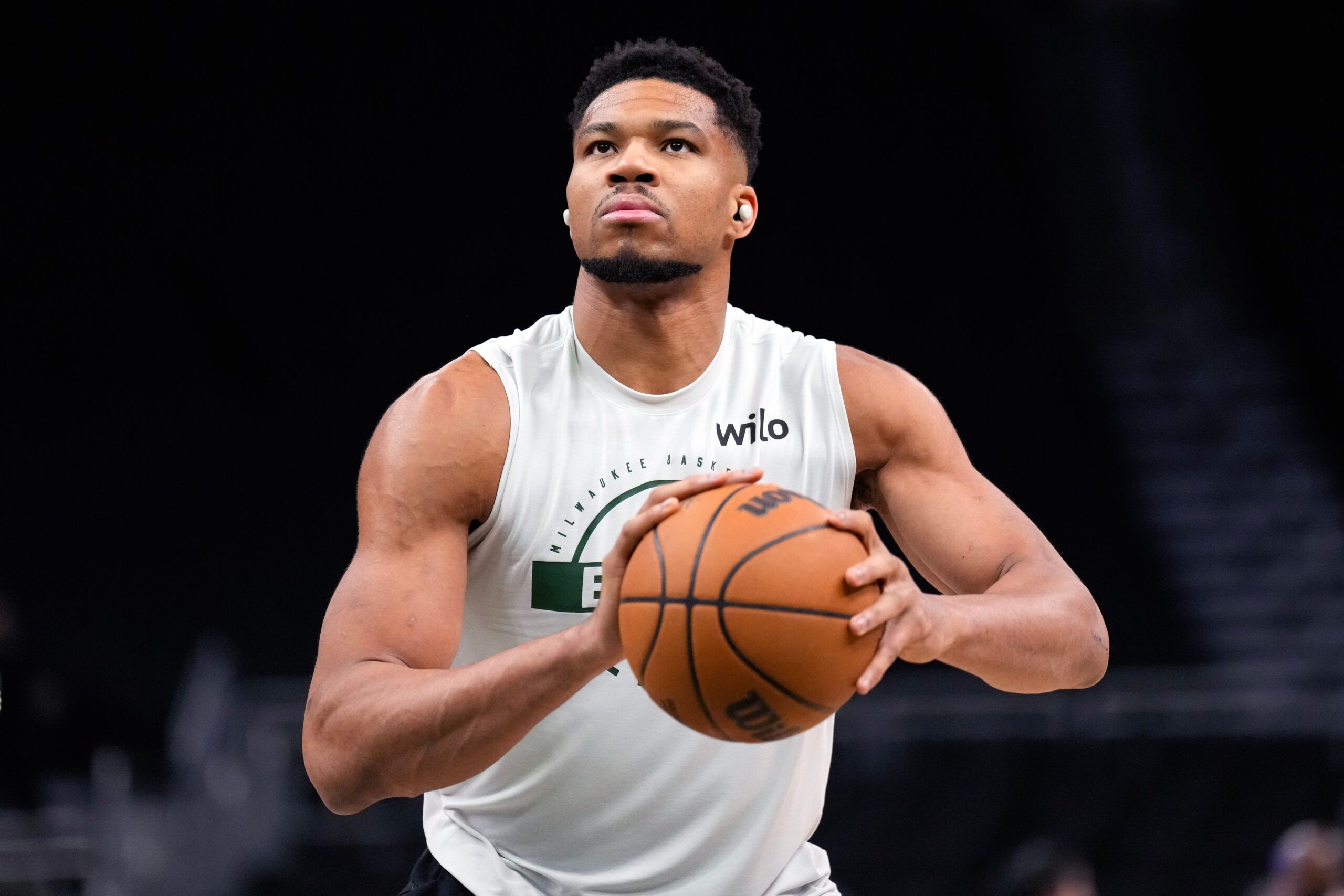 Milwaukee Bucks forward Giannis Antetokounmpo (34) shoots during warmups prior to the game against the Washington Wizards at Fiserv Forum.