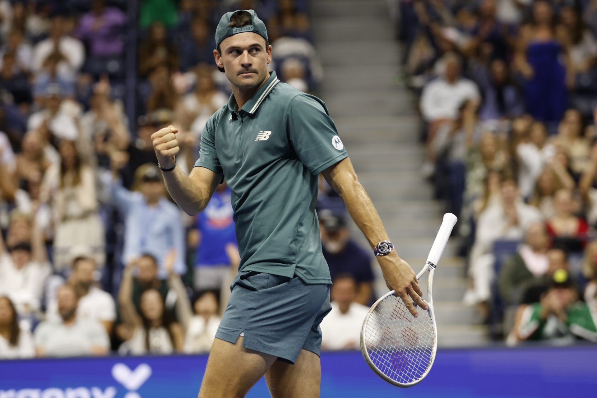 Tommy Paul (USA) reacts after winning a second set tiebreaker against Alexander Bublik (KAZ) (not pictured) on day seven of the 2025 US Open tennis championships at Billie Jean King National Tennis Center.