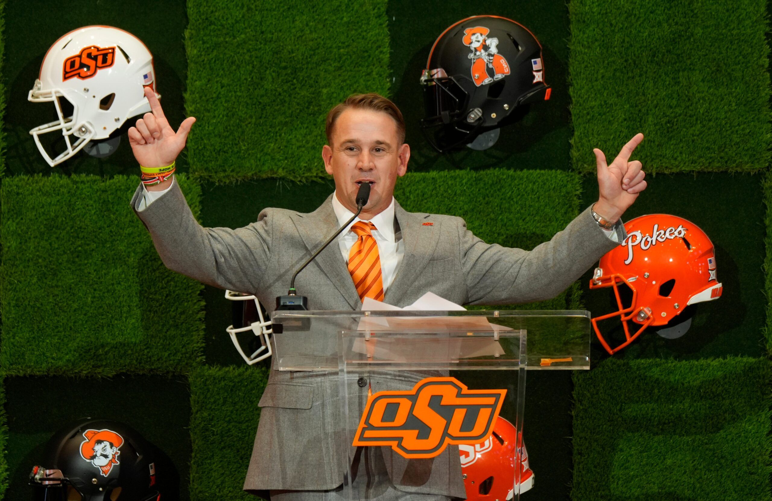 Oklahoma State University (OSU) introduces the new head football coach, Eric Morris, during a rally in Stillwater on Monday, Dec. 8, 2025.