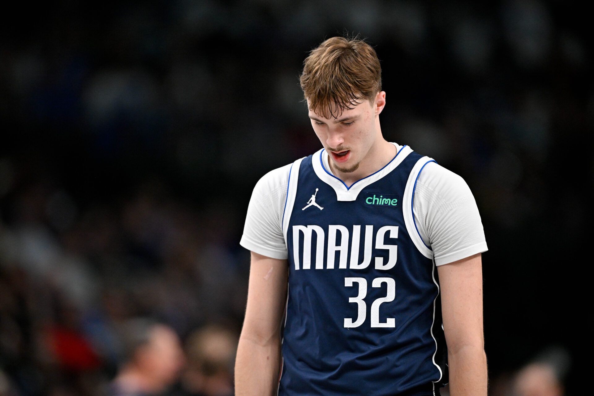 Dallas Mavericks forward Cooper Flagg (32) looks down during the second half against the Philadelphia 76ers at the American Airlines Center.
