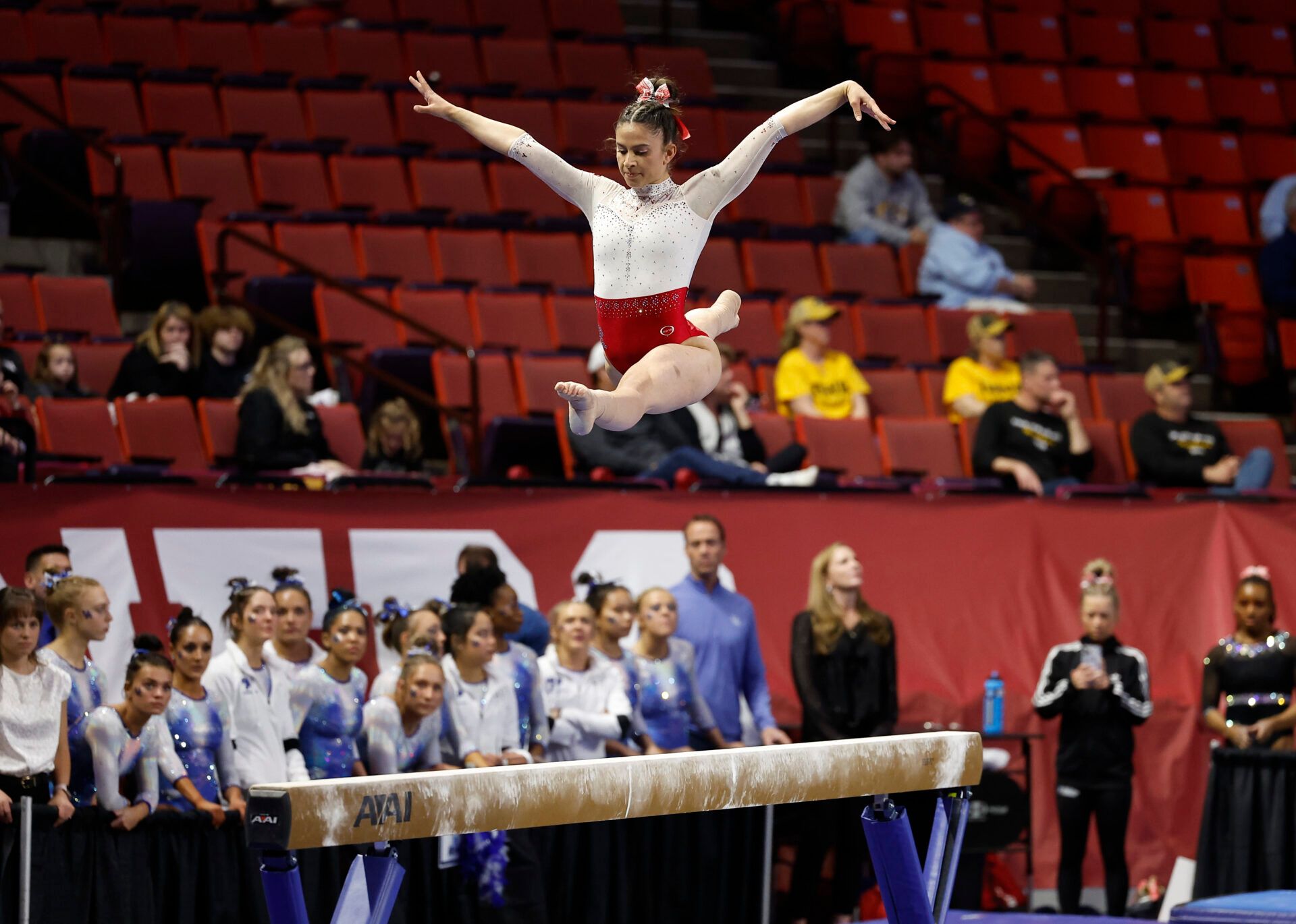 Rutgers gymnast Stephanie Zannella performs beam exercise during the 2023 NCAA women's gymnastics regional at Lloyd Noble Center.