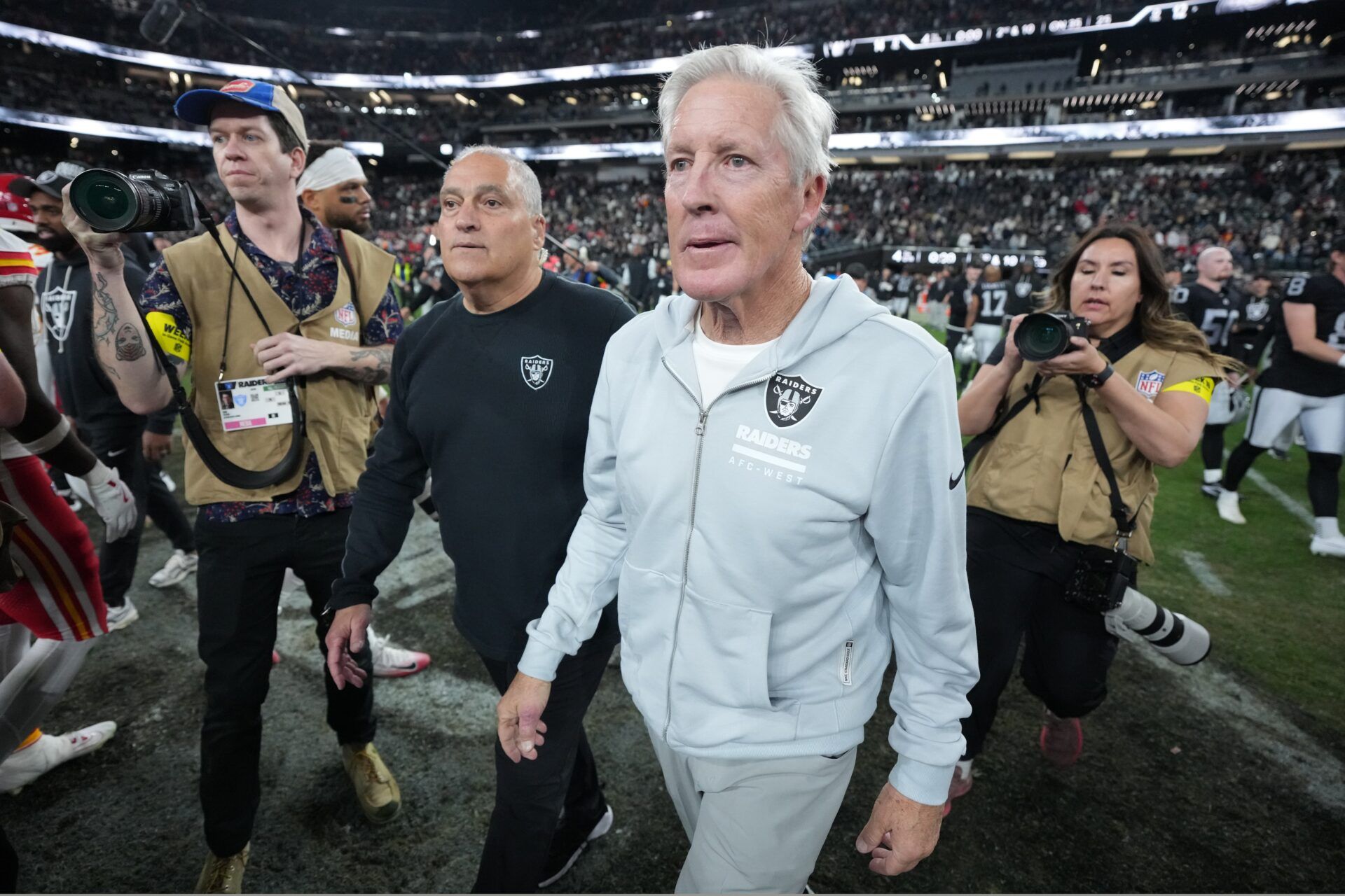 Las Vegas Raiders head coach Pete Carroll leaves the field after the game against the Kansas City Chiefs at Allegiant Stadium.