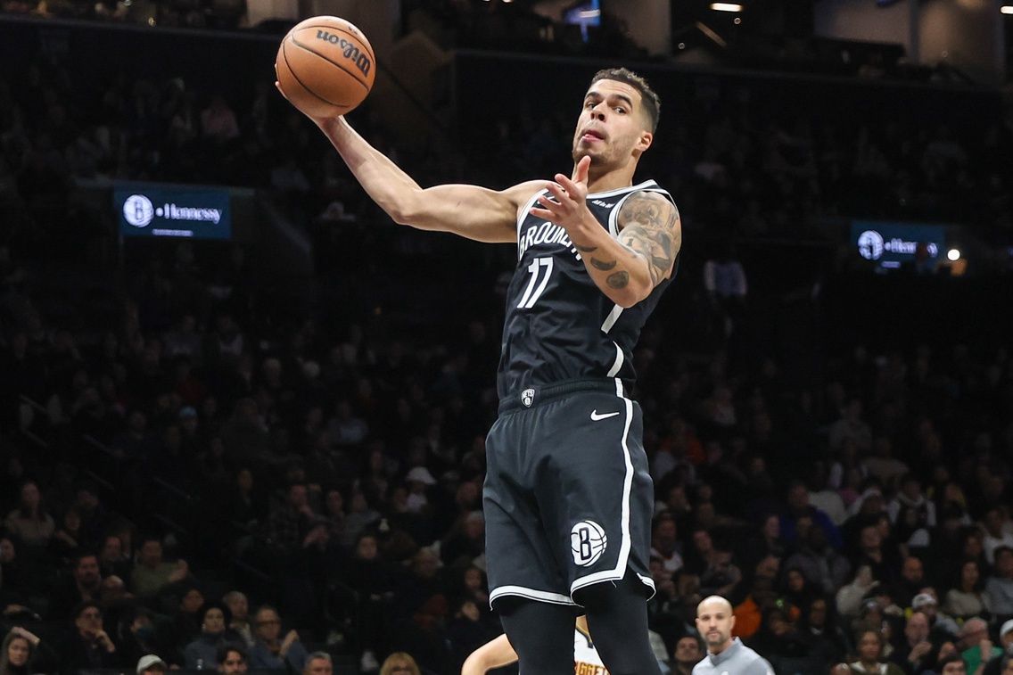 Brooklyn Nets forward Michael Porter Jr. (17) grabs a rebound in the second quarter against the Denver Nuggets at Barclays Center.