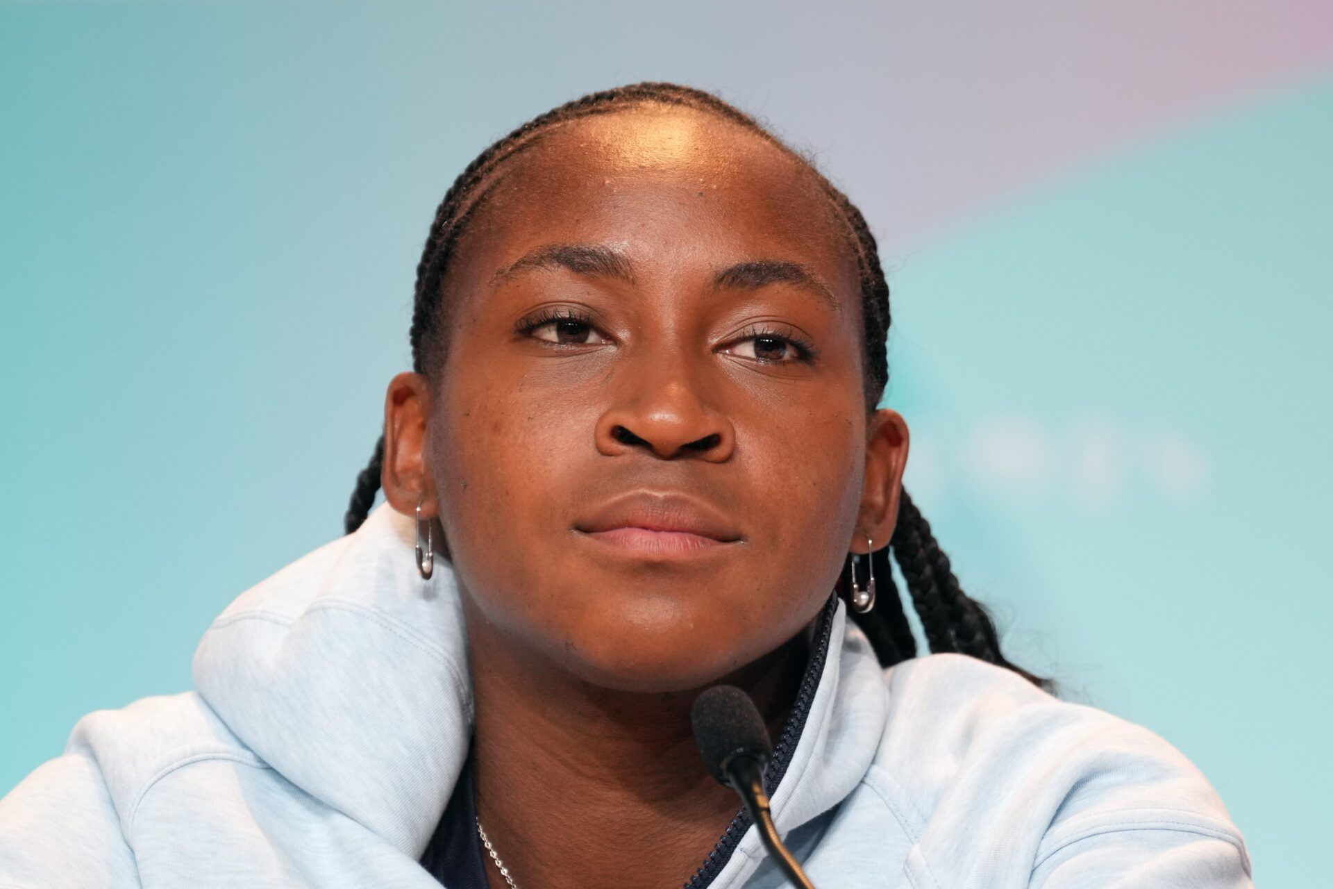USA opening ceremonies female flag bearer Coco Gauff at a press conference at the Paris 2024 Olympics main press center at the Palais des congres de Paris.