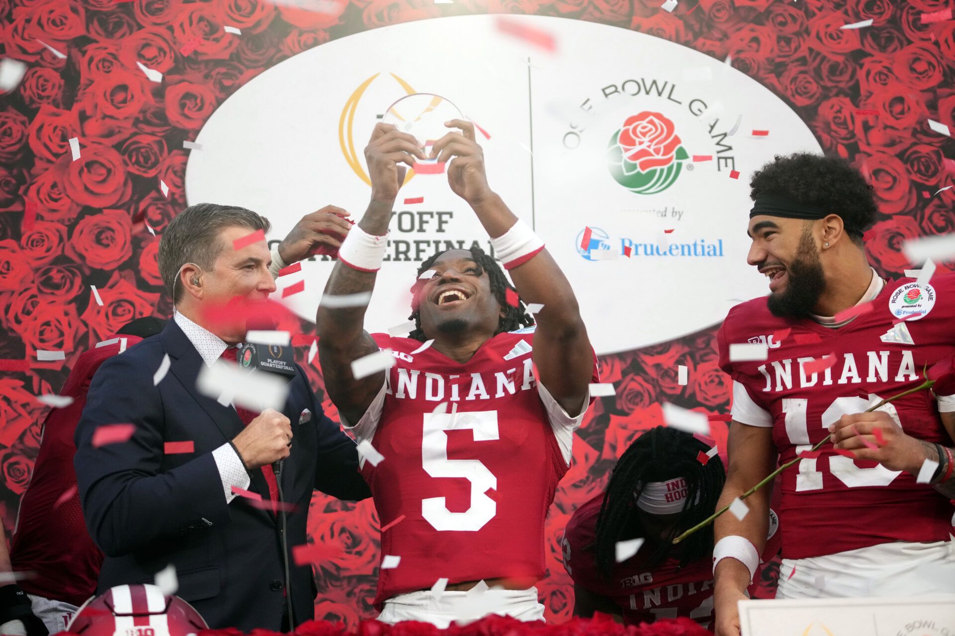 Indiana Hoosiers defensive back D'Angelo Ponds (5) celebrates on the podium after defeating the Alabama Crimson Tide in the 2026 Rose Bowl and quarterfinal game of the College Football Playoff at Rose Bowl Stadium.