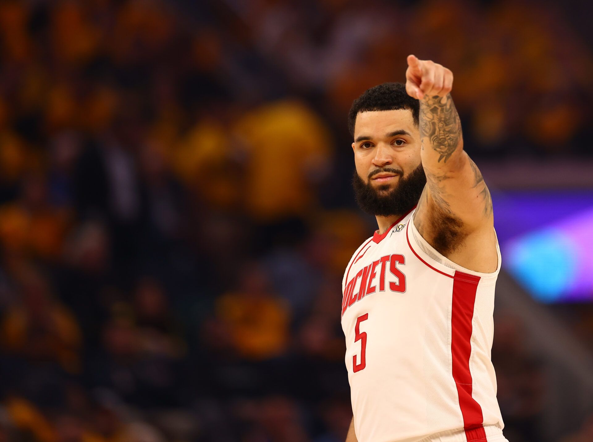Houston Rockets guard Fred VanVleet (5) points during the first quarter of game four of the 2025 NBA Playoffs first round against the Golden State Warriors at Chase Center.