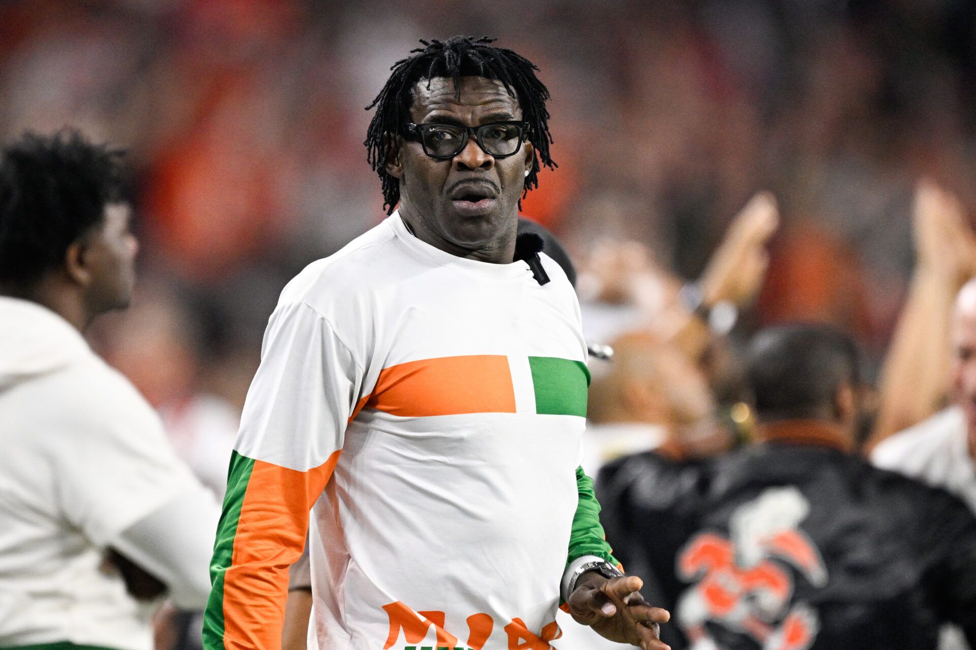 Miami Hurricanes former receiver Michael Irvin looks on during the first half against the Ohio State Buckeyes during the 2025 Cotton Bowl and quarterfinal game of the College Football Playoff at AT&T Stadium.