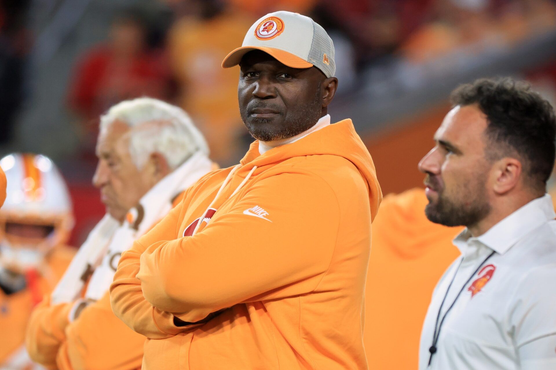 Tampa Bay Buccaneers head coach and defensive coordinator Todd Bowles looks on before the game against the Atlanta Falcons at Raymond James Stadium.