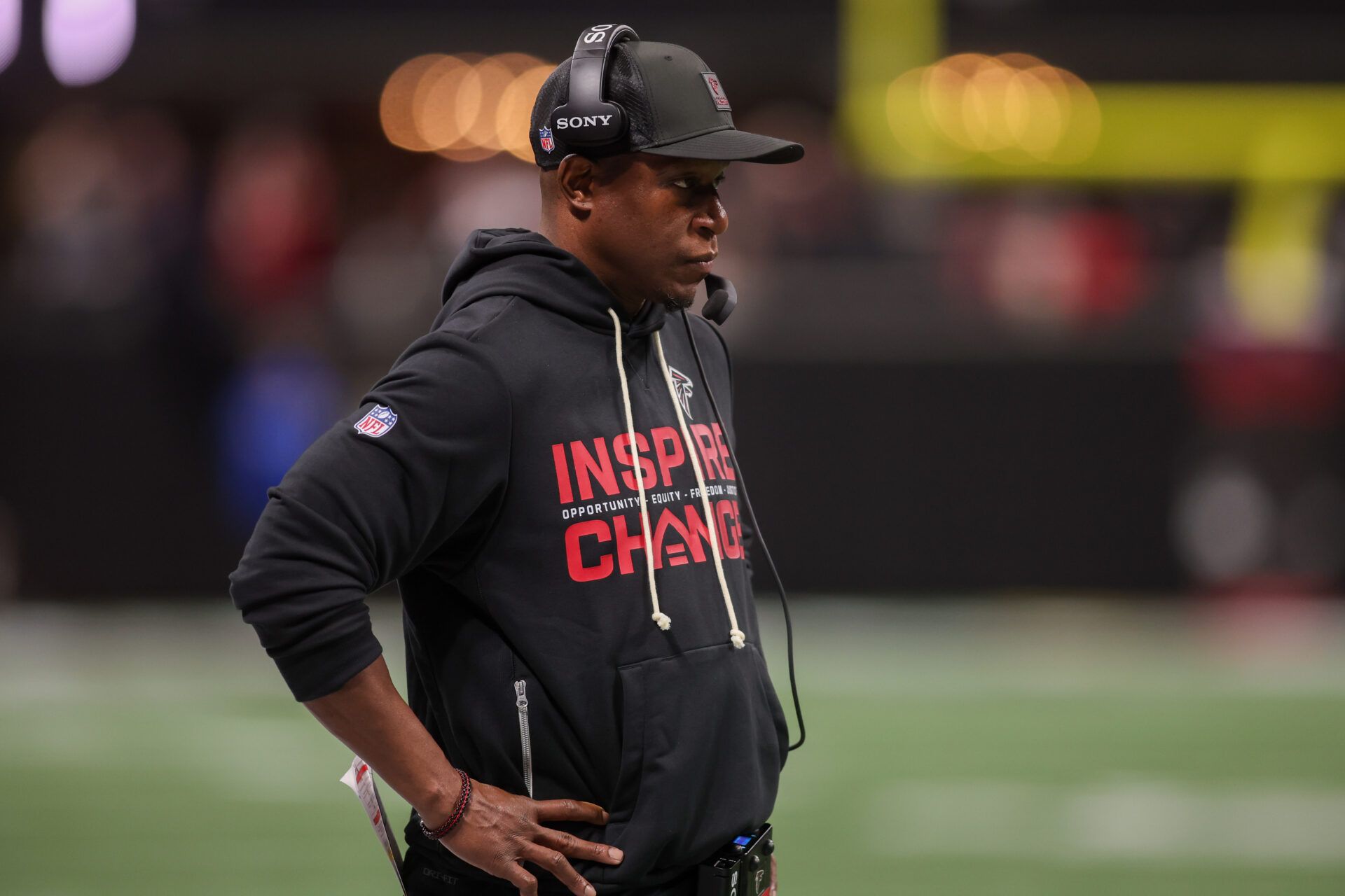 Atlanta Falcons head coach Raheem Morris on the sideline against the New Orleans Saints in the second quarter at Mercedes-Benz Stadium.