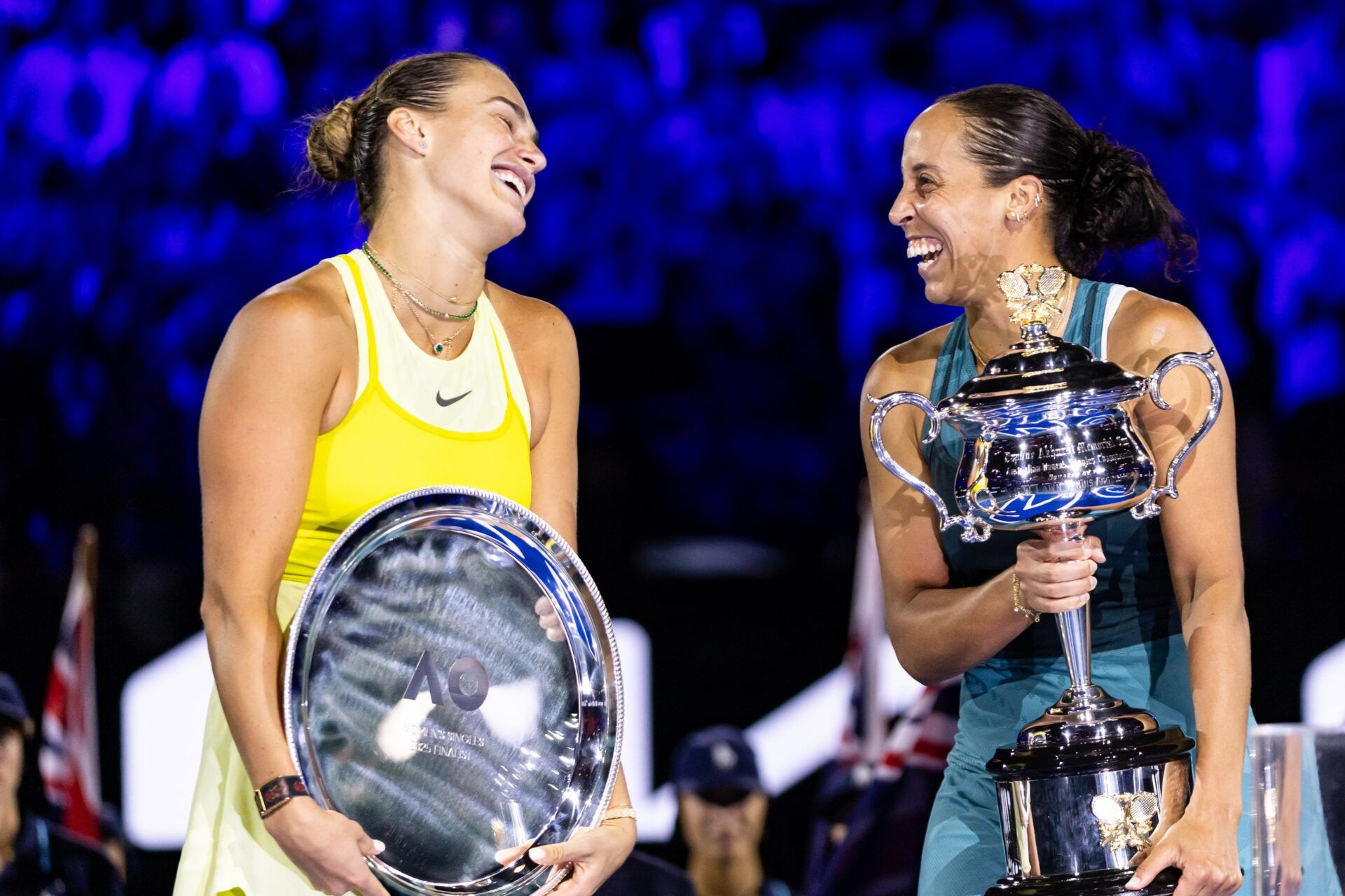 Madison Keys of United States of America, Aryna Sabalenka during the trophy presentation of the women's single at the 2025 Australian Open at Melbourne Park.