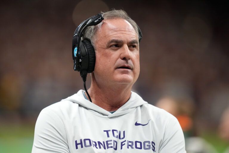 TCU Horned Frogs head coach Sonny Dykes watches from the sidelines against the Southern California Trojans in the first half during the Alamo Bowl at Alamodome.