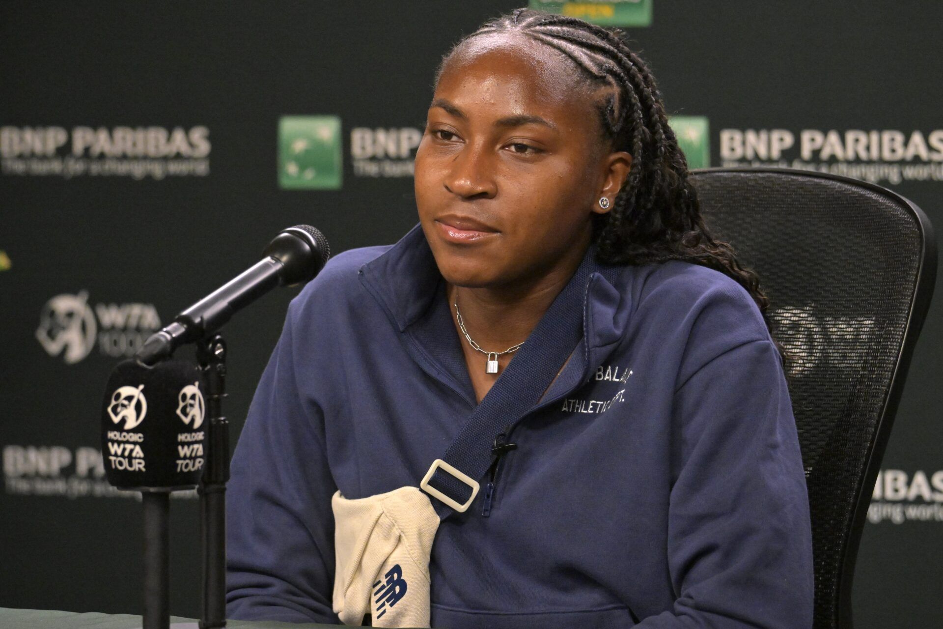 Coco Gauff (USA) answers questions from the media during a press conference during the BNP Paribas Open at the Indian Wells Tennis Garden.