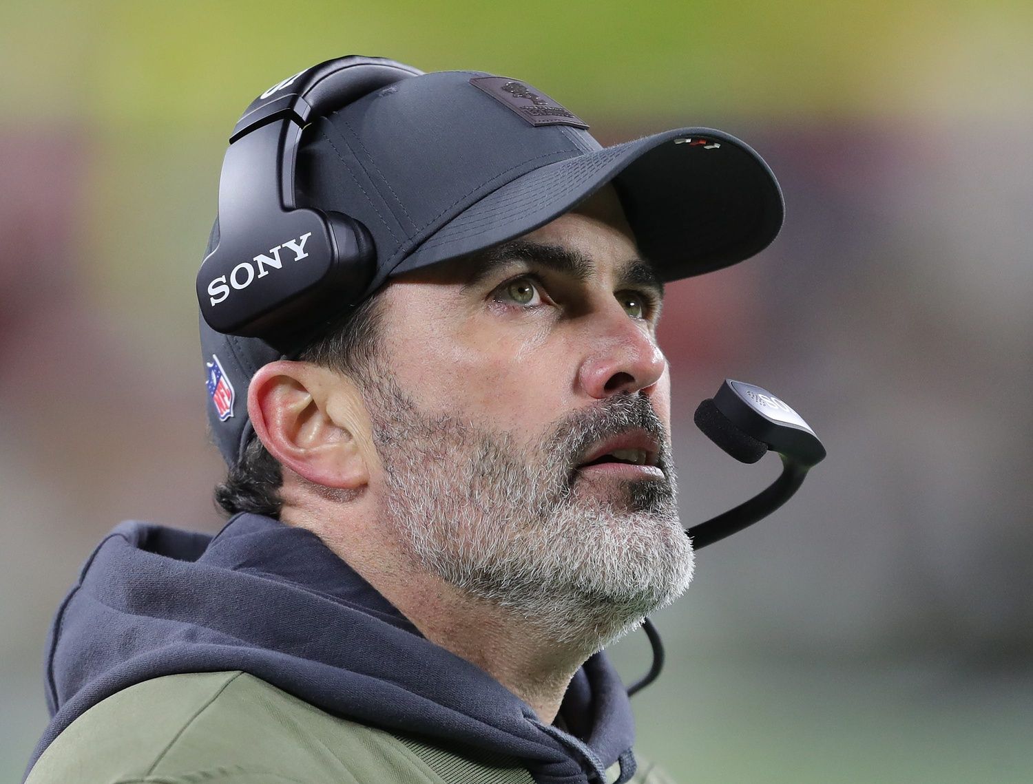 Cleveland Browns head coach Kevin Stefanski looks to the scoreboard during the first half of an NFL football game at Huntington Bank Field, Nov. 16, 2025, in Cleveland, Ohio.