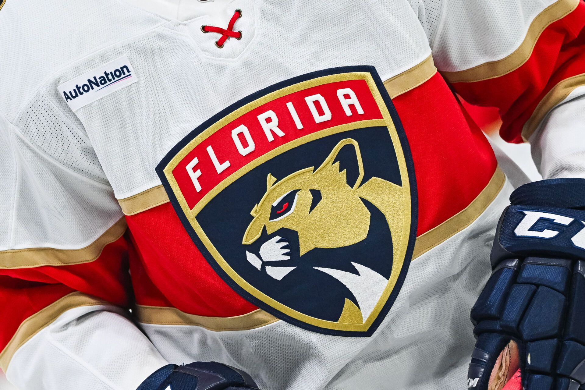 View of a Florida Panthers logo on a jersey worn by a member of the team at Bell Centre.