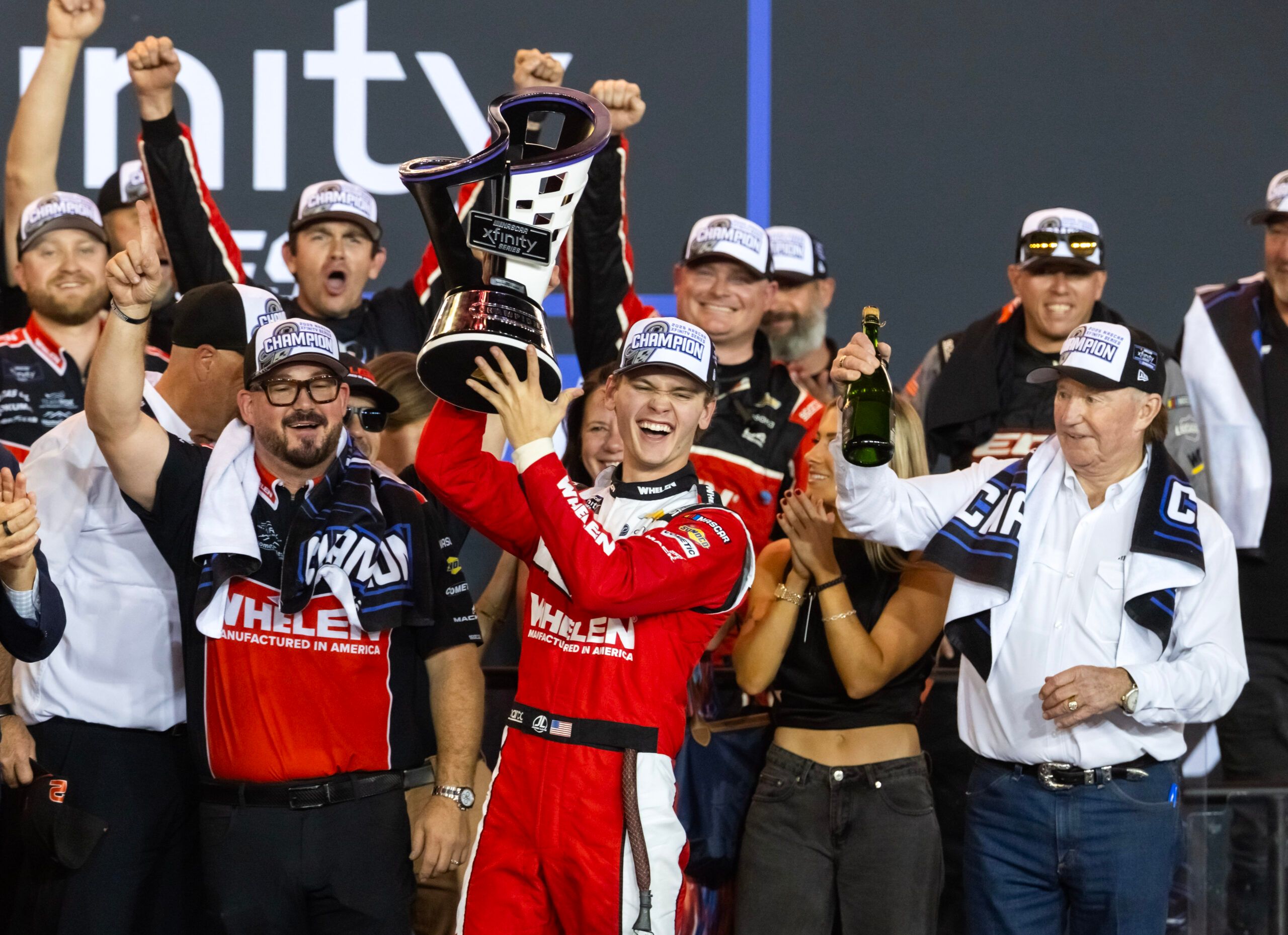 NASCAR Xfinity Series driver Jesse Love (2) celebrates after winning the Xfinity Series Championship race and the 2025 Xfinity Series championship at Phoenix Raceway.