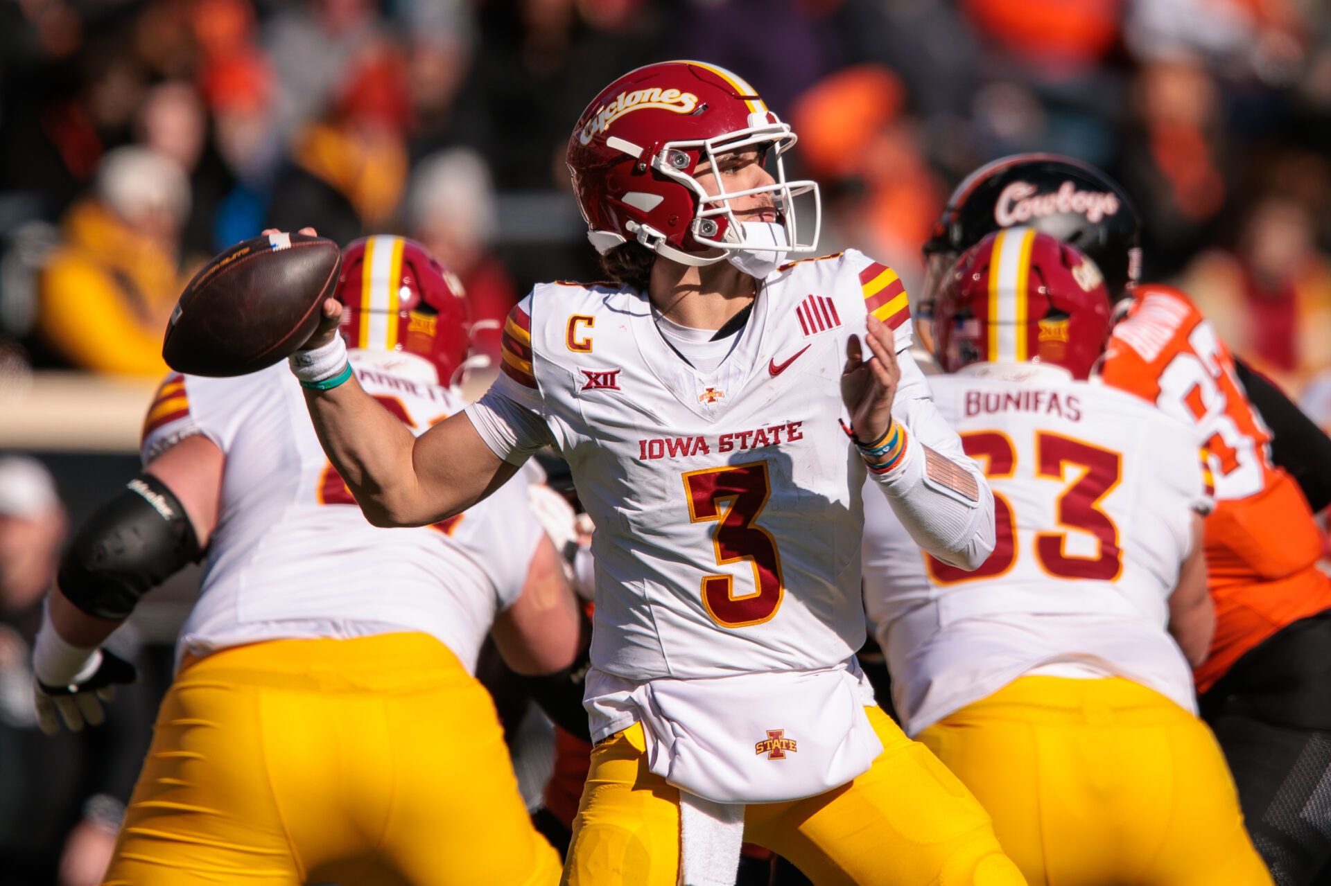 Iowa State Cyclones quarterback Rocco Becht (3) passes during the second half against the Oklahoma State Cowboys at Boone Pickens Stadium.
