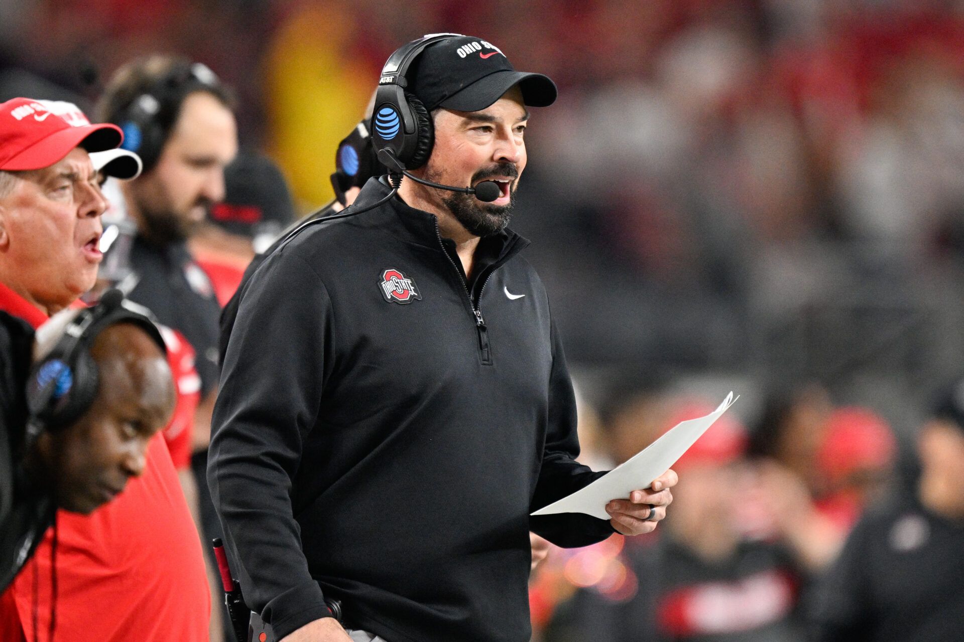 Ohio State Buckeyes head coach Ryan Day reacts in the second quarter against the Miami Hurricanes during the 2025 Cotton Bowl and quarterfinal game of the College Football Playoff at AT&T Stadium.