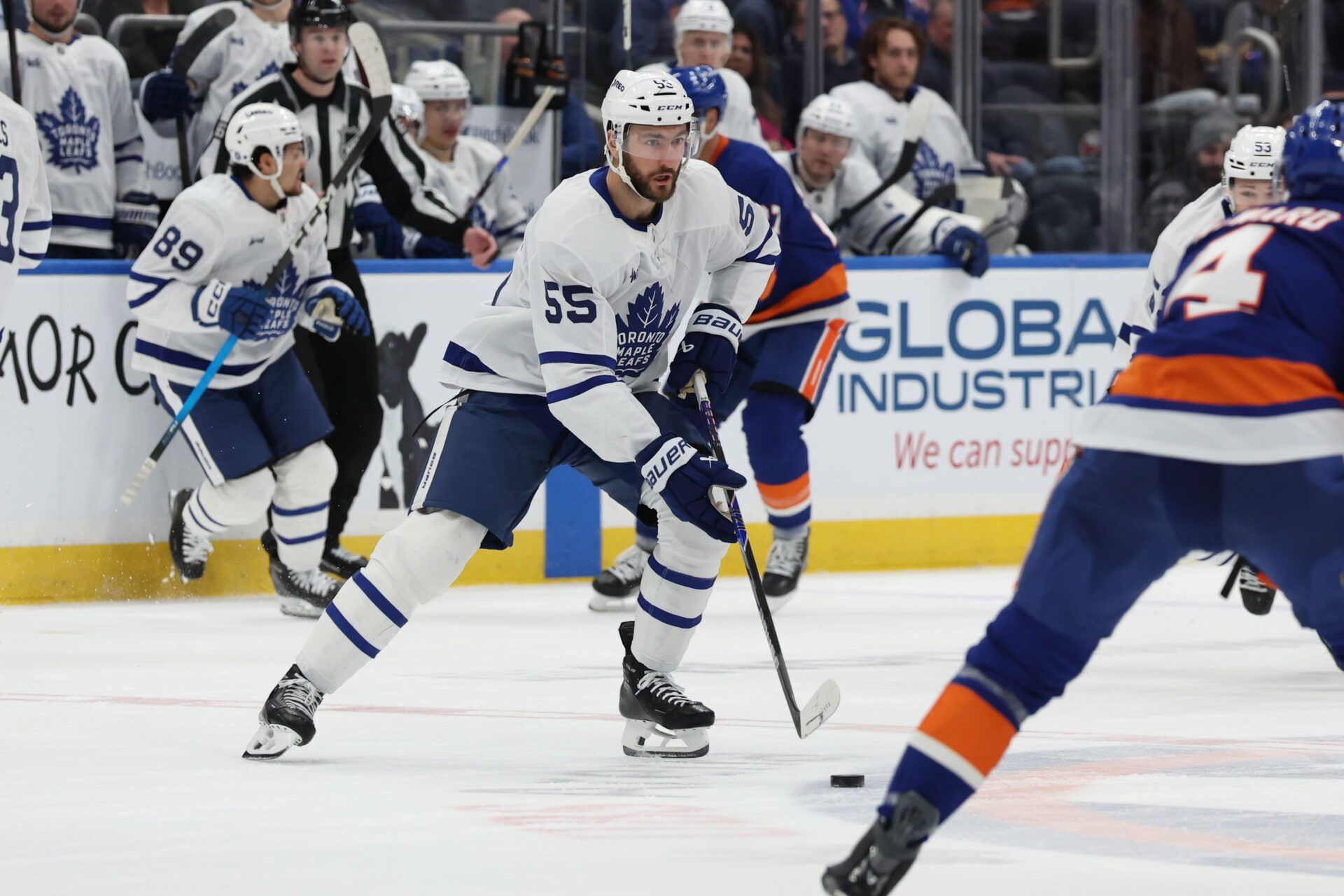 Toronto Maple Leafs center Nicolas Roy (55) skates up ice against the New York Islanders during the third period at UBS Arena.