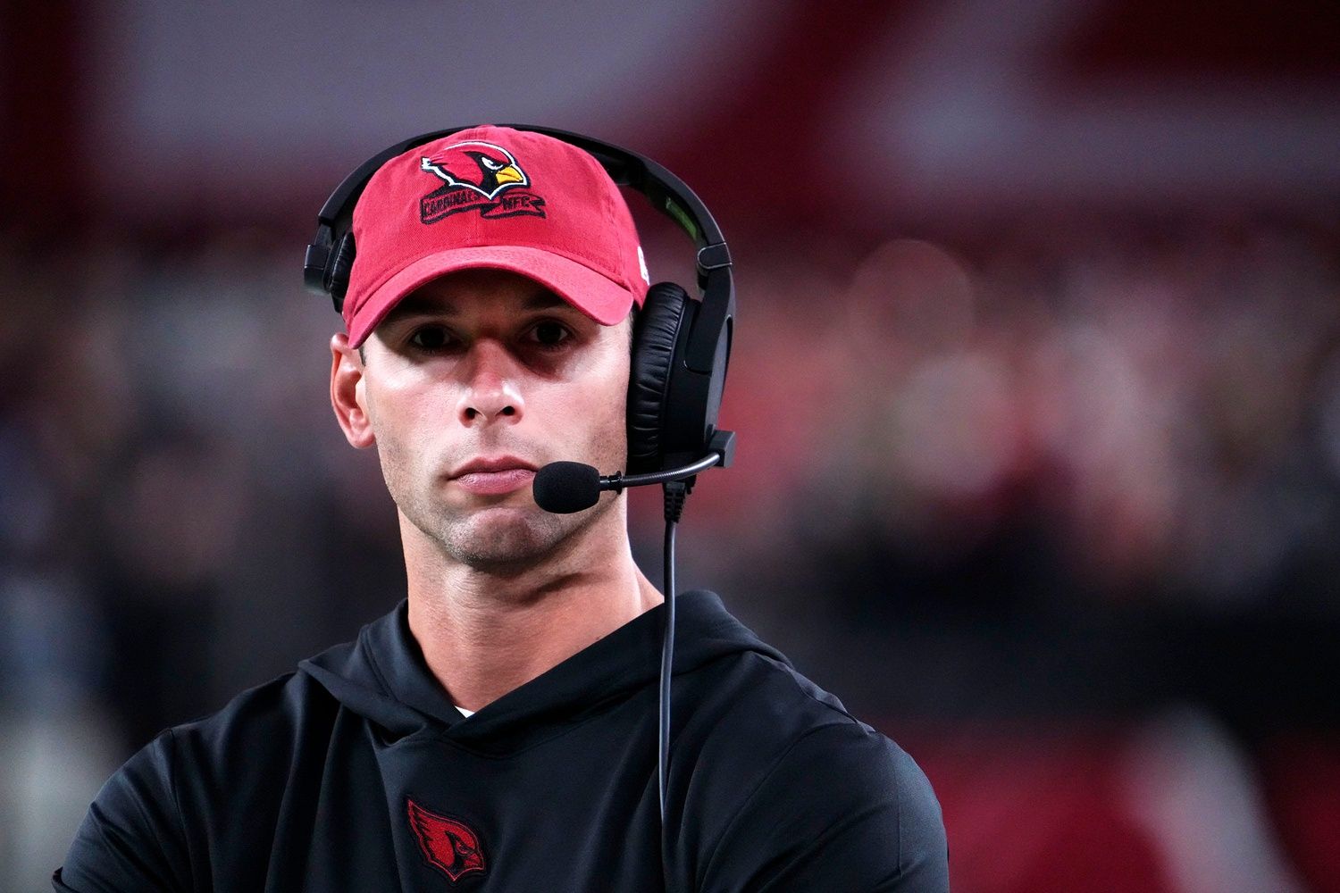 Arizona Cardinals head coach Jonathan Gannon against the Kansas City Chiefs in the first half during a preseason game at State Farm Stadium in Glendale on Aug. 19, 2023.