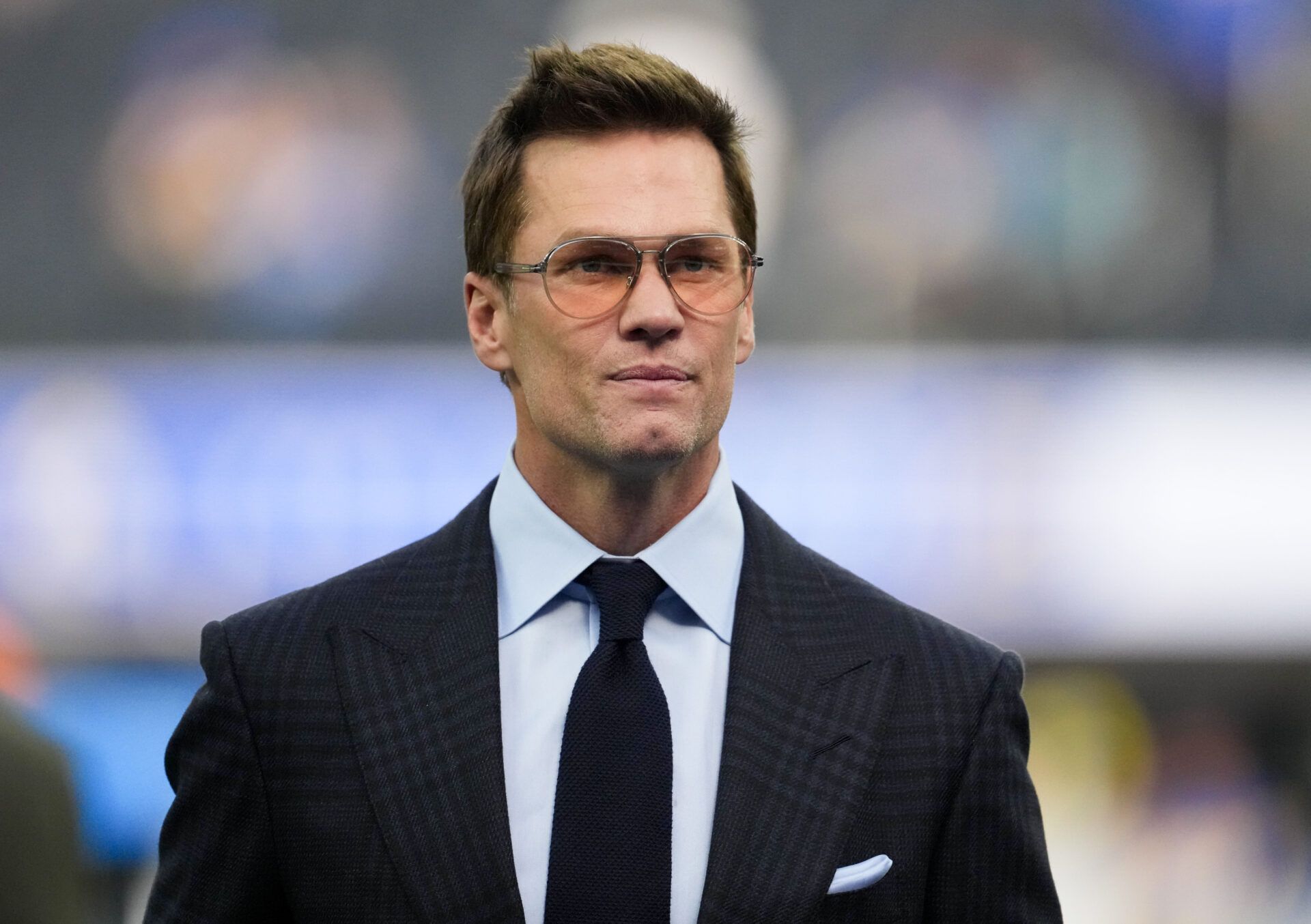 Fox broadcaster Tom Brady is seen prior to the game between the Detroit Lions and the Los Angeles Rams at SoFi Stadium.