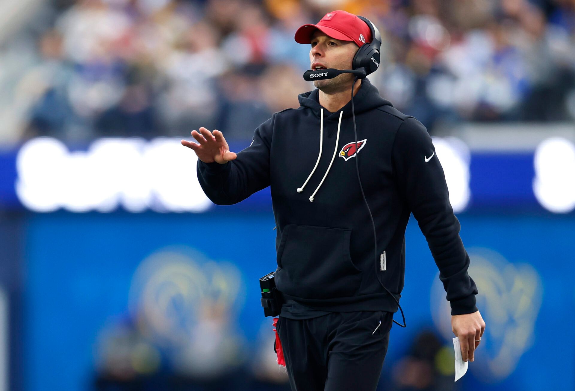 INGLEWOOD, CALIFORNIA - JANUARY 04: Head coach Jonathan Gannon of the Arizona Cardinals reacts during the second quarter of the game against the Los Angeles Rams at SoFi Stadium on January 04, 2026 in Inglewood, California. (Photo by Harry How/Getty Images)