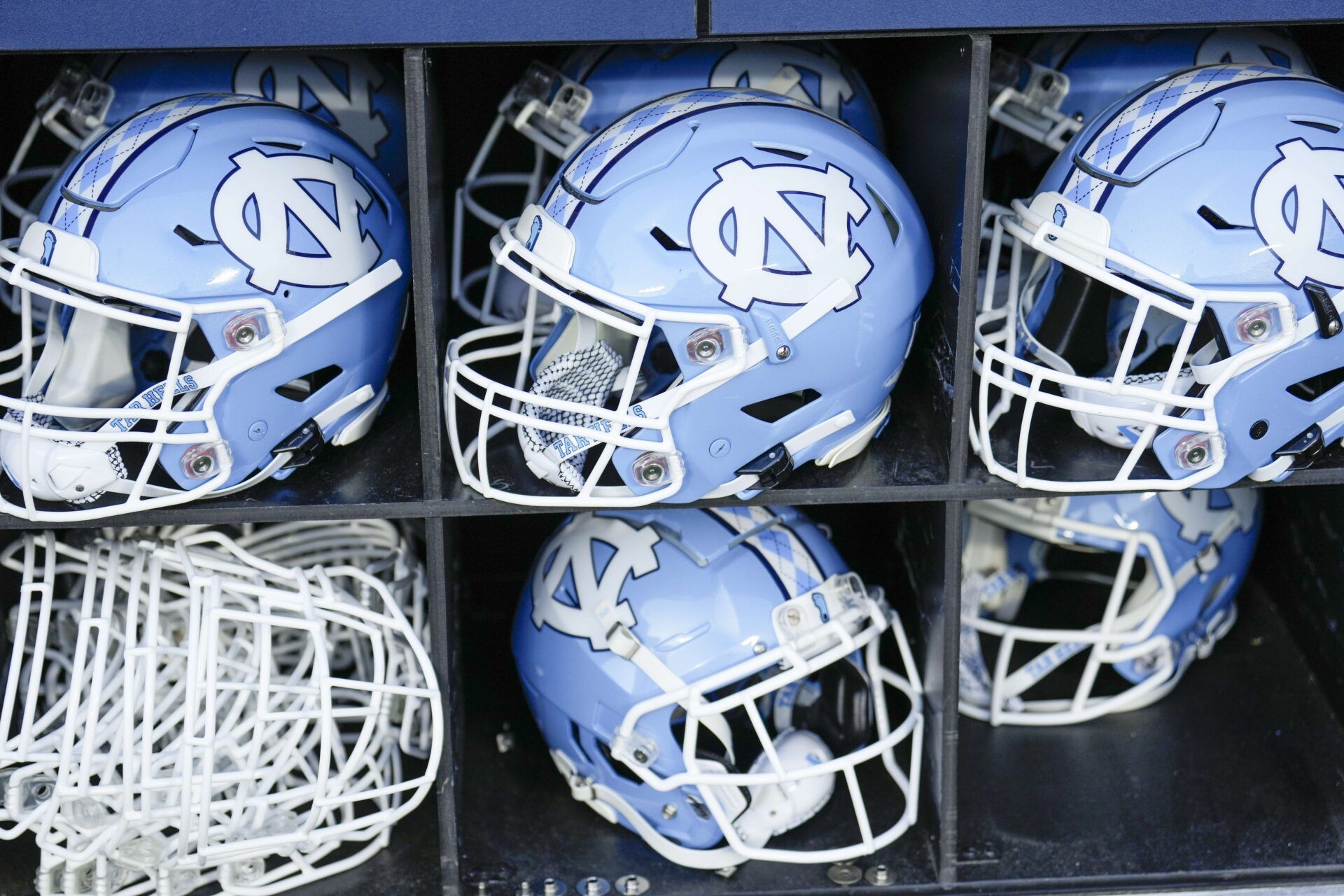 North Carolina Tar Heels helmets during the first quarter against the South Carolina Gamecocks at Bank of America Stadium.