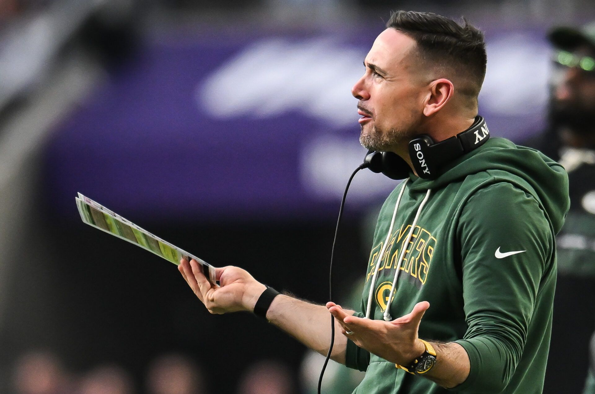 Green Bay Packers head coach Matt Lafleur reacts to a play against the Minnesota Vikings during the third quarter at U.S. Bank Stadium.