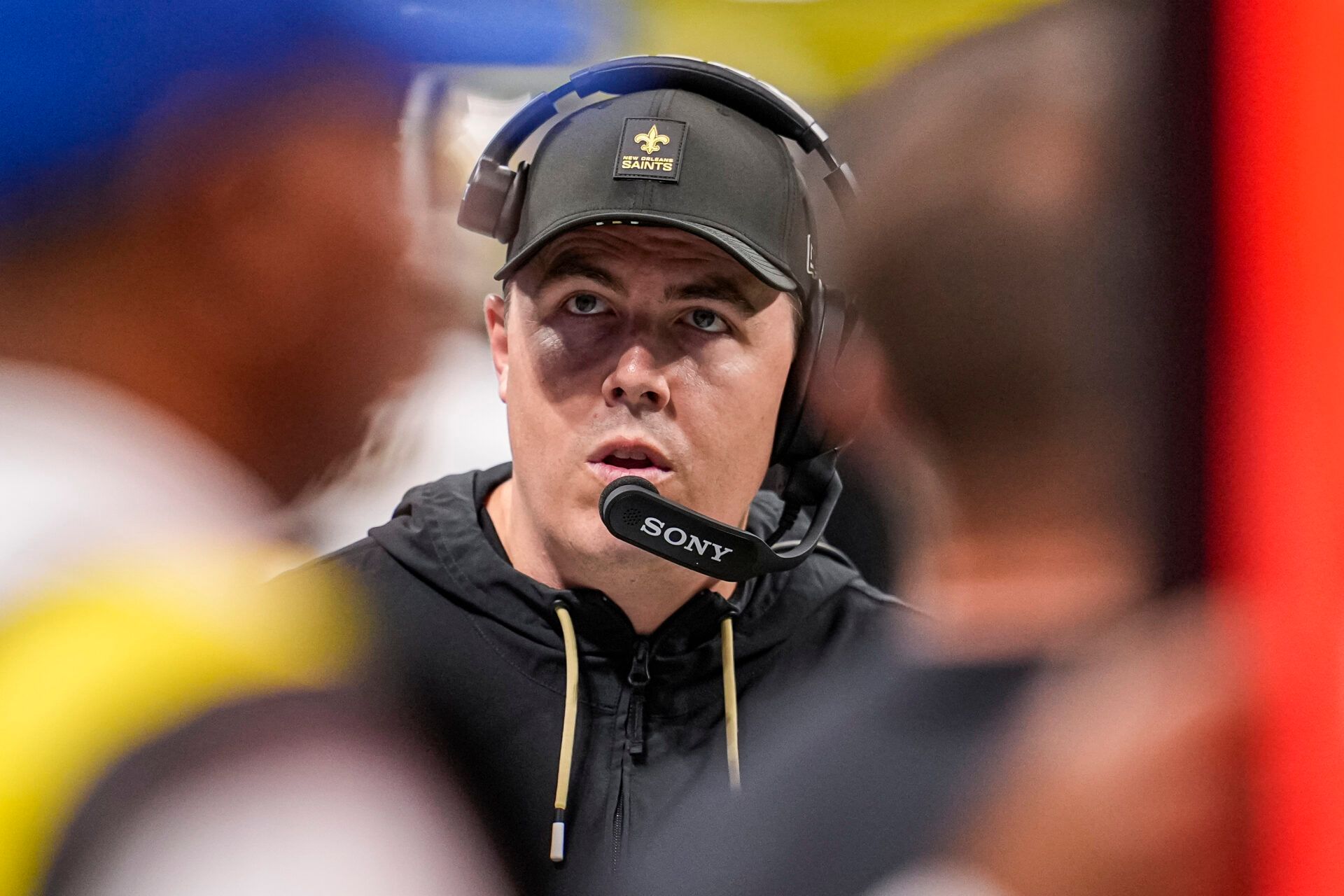 New Orleans Saints head coach Kellen Moore on the sidelines during the game against the Atlanta Falcons during the second half at Mercedes-Benz Stadium.